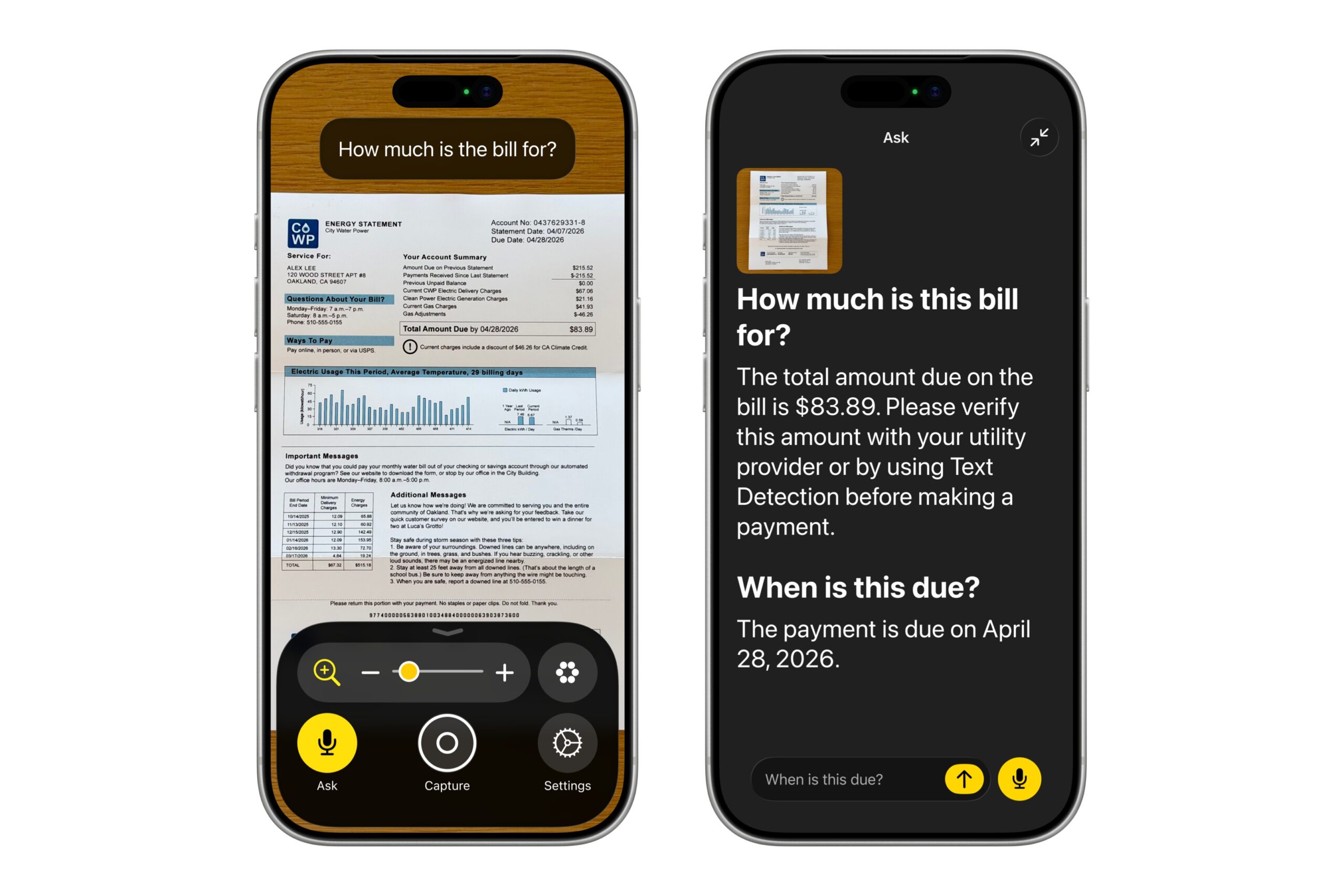 Apple Intelligence updates shown with simulated Magnifier screens on an iPhone explaining the image of an electricity bill