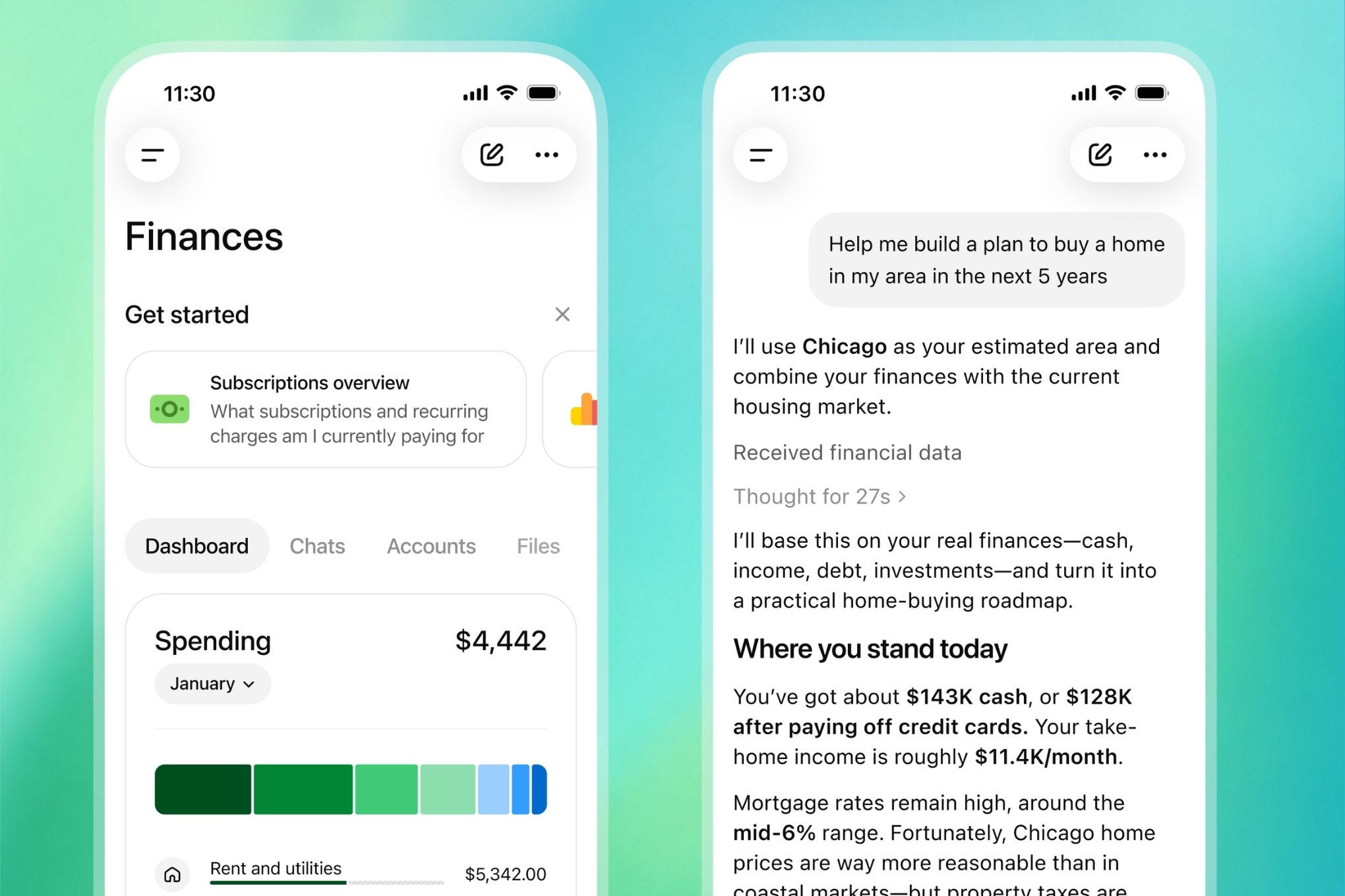 Two screenshots showing ChatGPT’s new financial account connection feature.