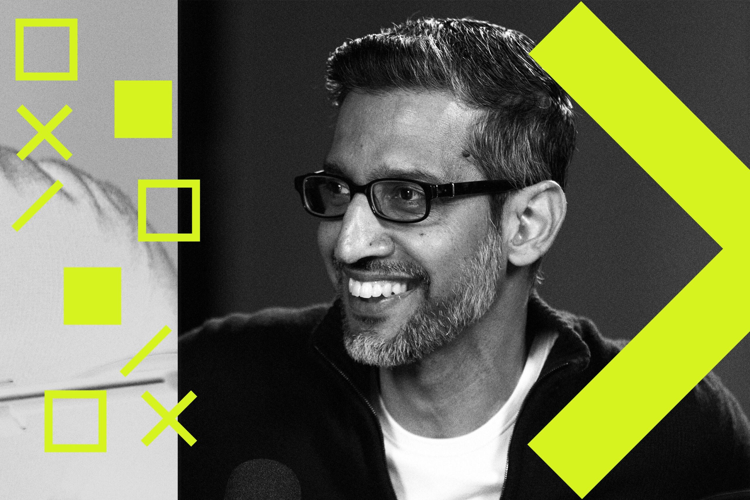 A stylized portrait of Google CEO Sundar Pichai.