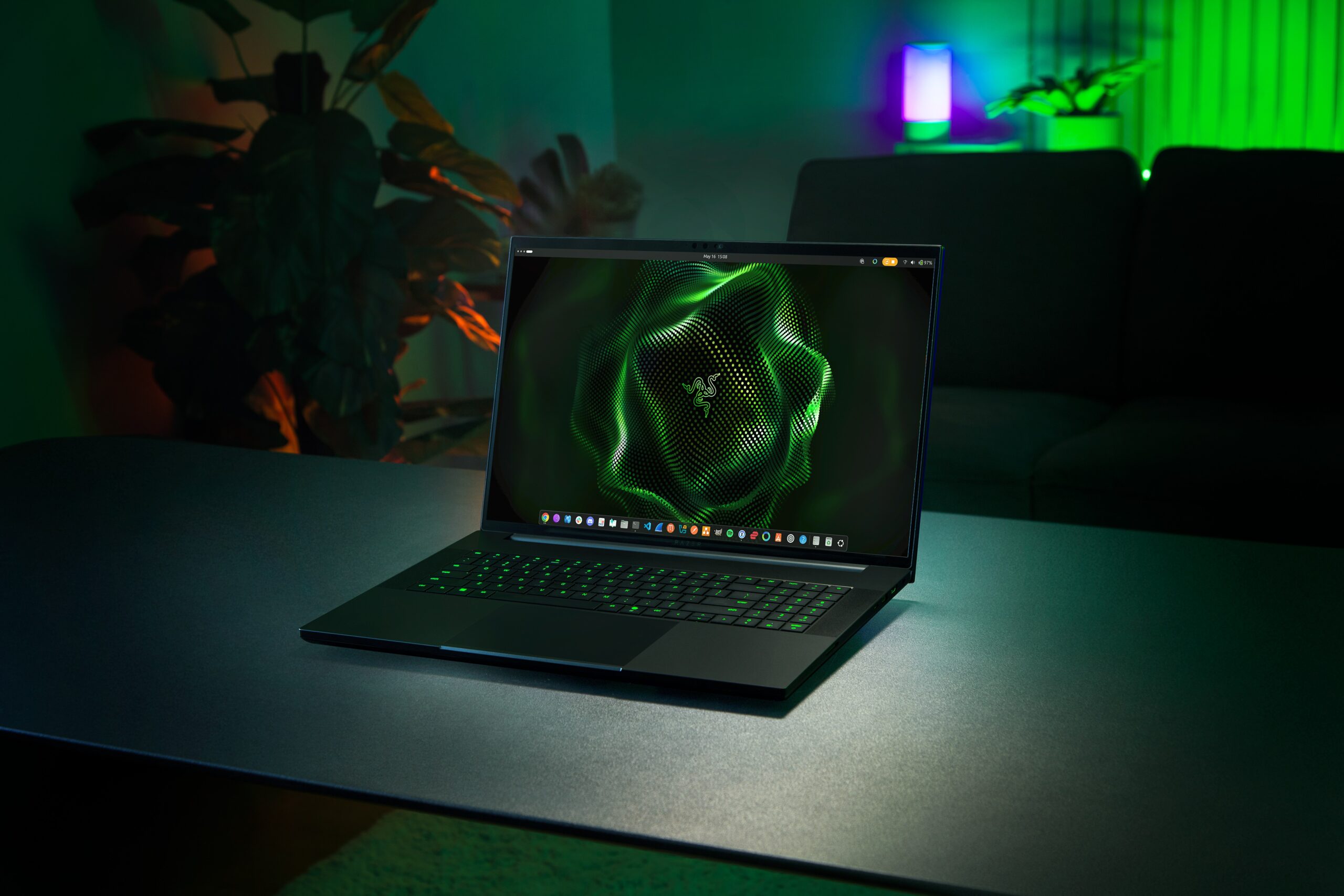 A Razer Blade 18 laptop on a desk.