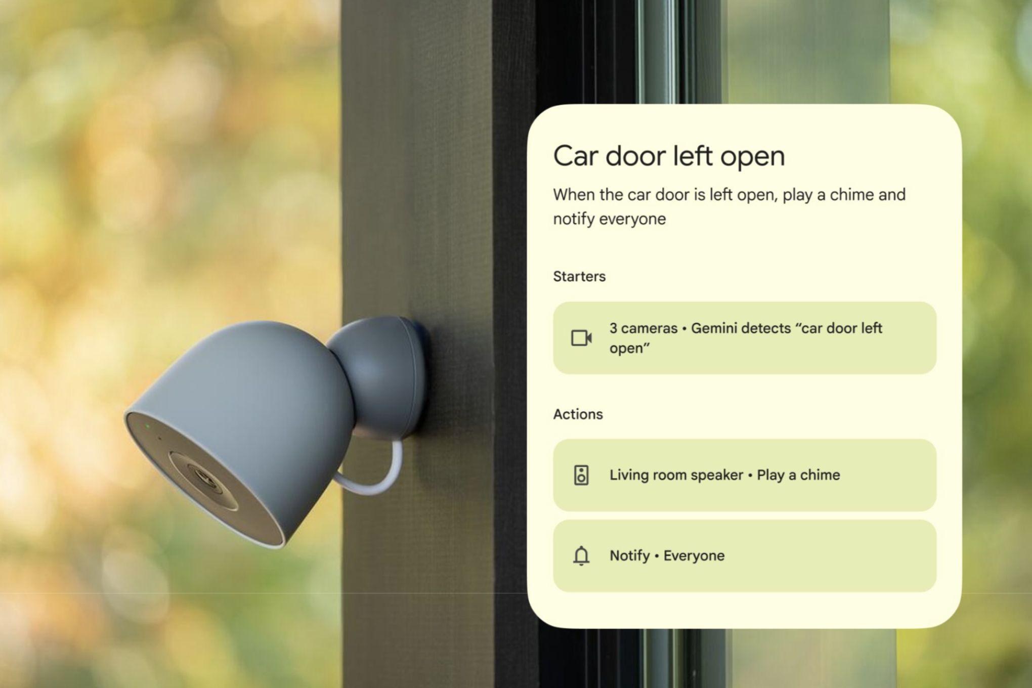 A security camera, alongside an example of the Gemini for Home camera automation trigger features.