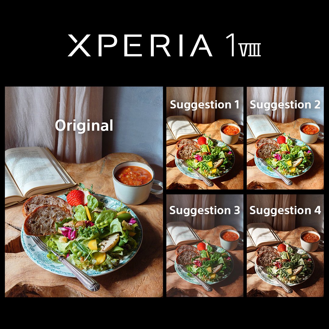 A social media post from Sony showing a photo and four suggestions from its AI Camera Assistant which all look some variation of ass.