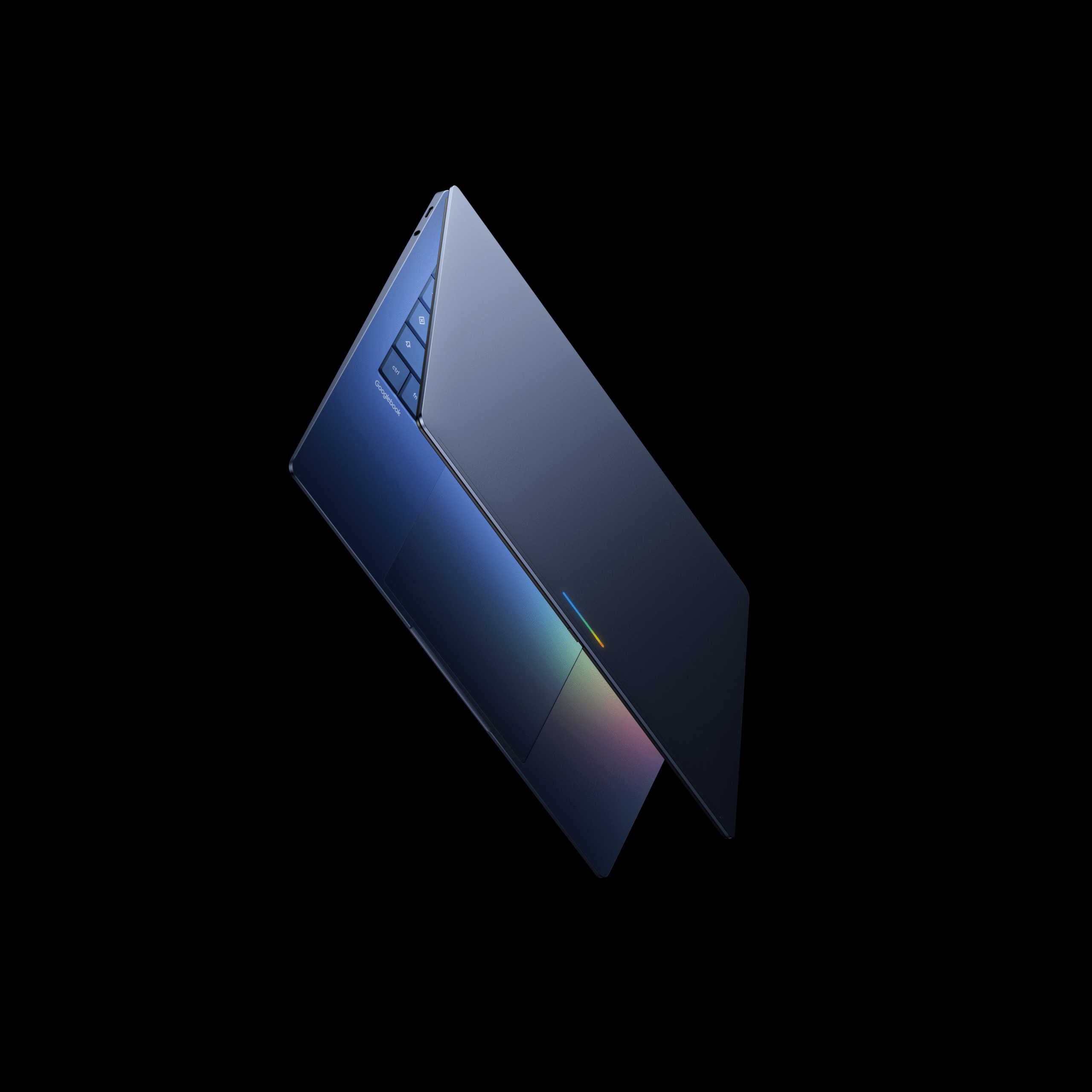 A render of a half-open Googlebook laptop against an empty black background.