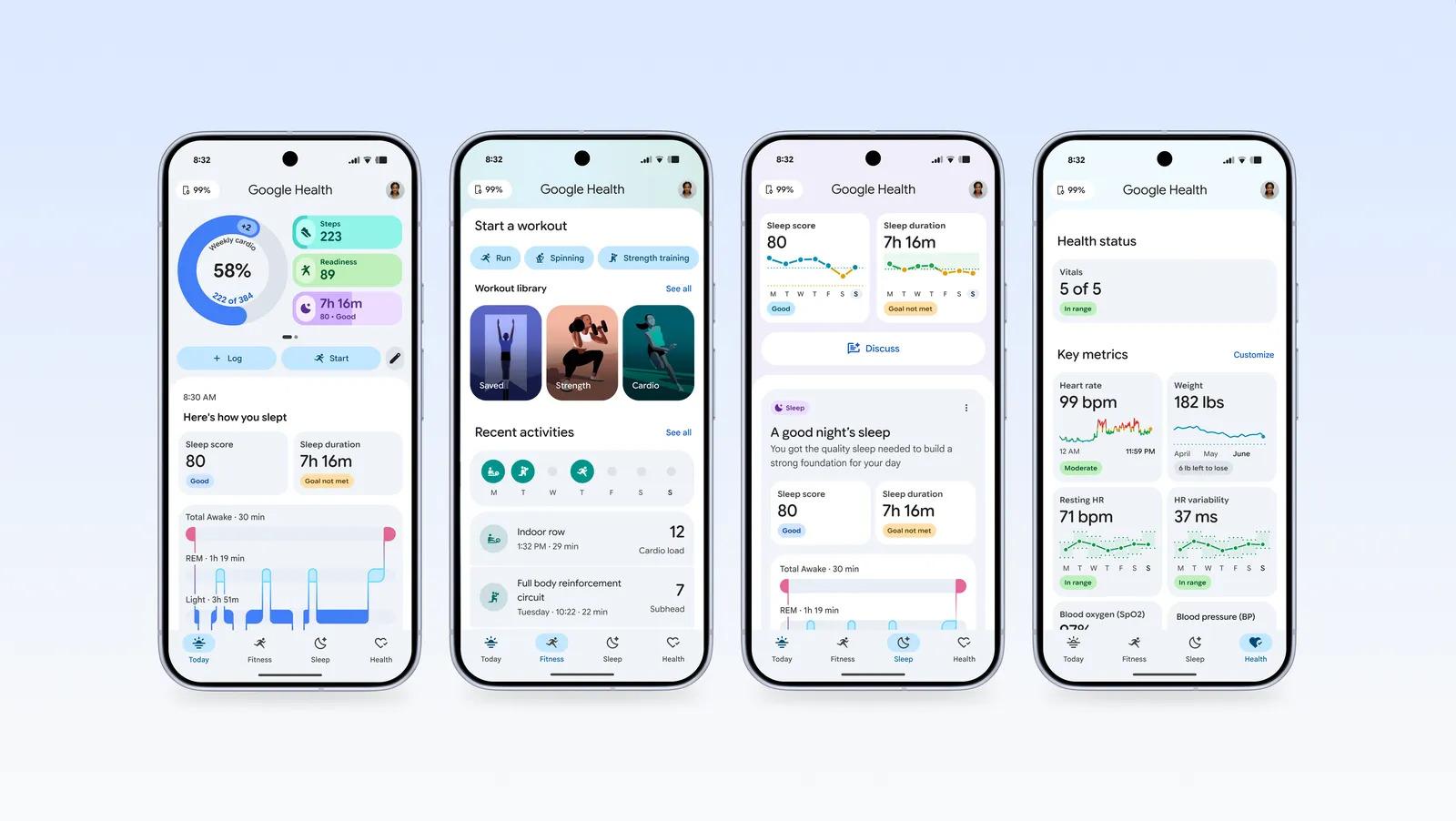 Four screenshots of the Google Health app in front of a blue background