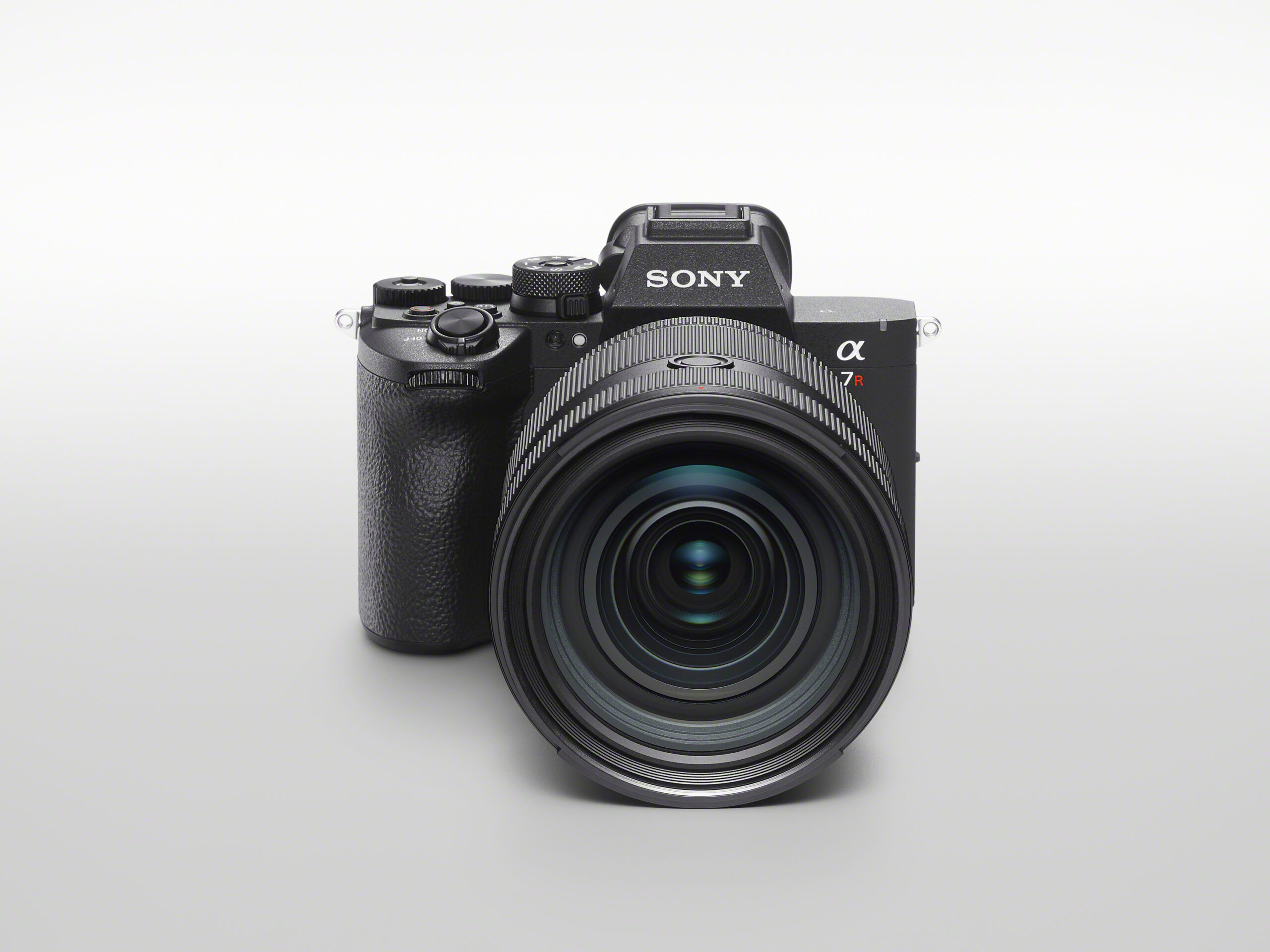 A Sony A7R VI camera against a gray background.