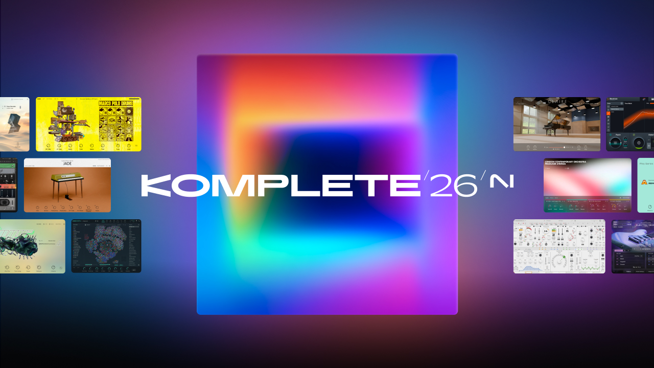 Native Instruments Komplete 26 logo and tiled screenshots of included instruments.