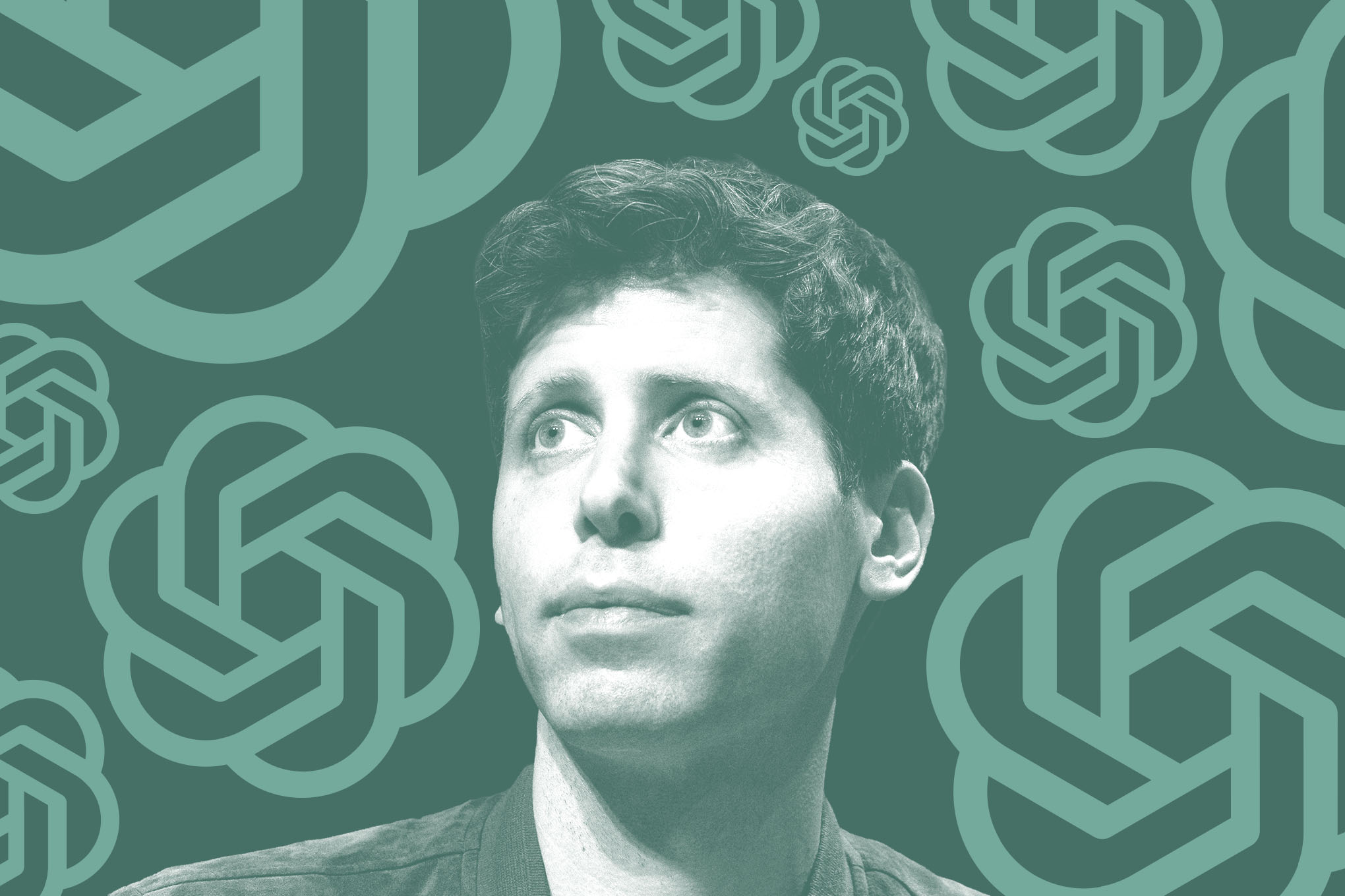 Sam Altman with OpenAI logo on green background.