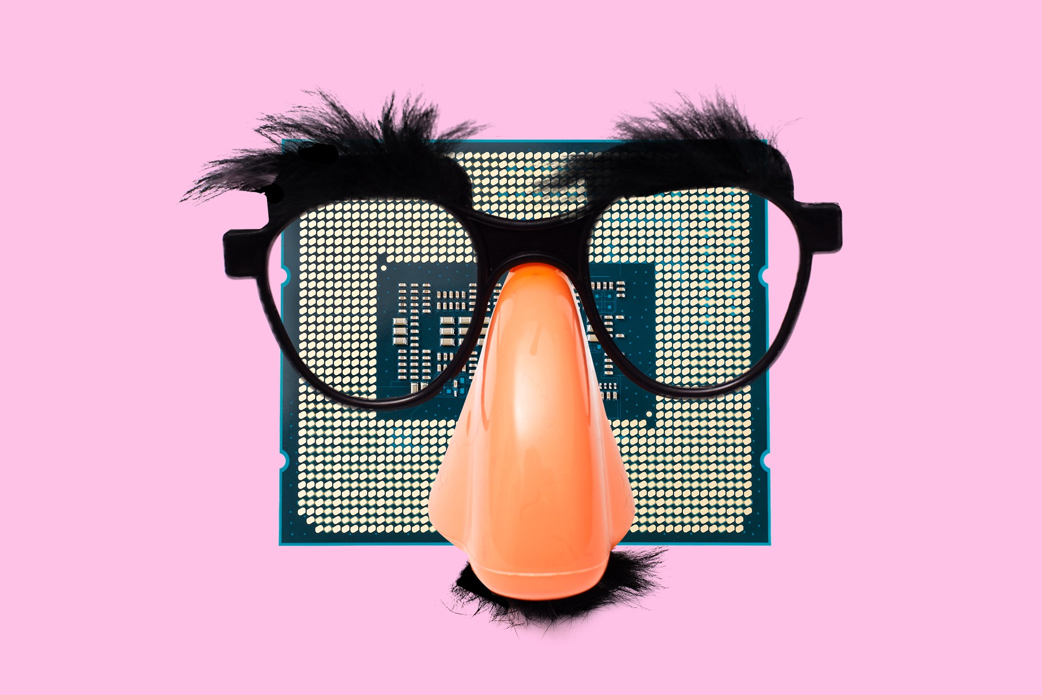 Groucho Marx glasses on a computer processor.