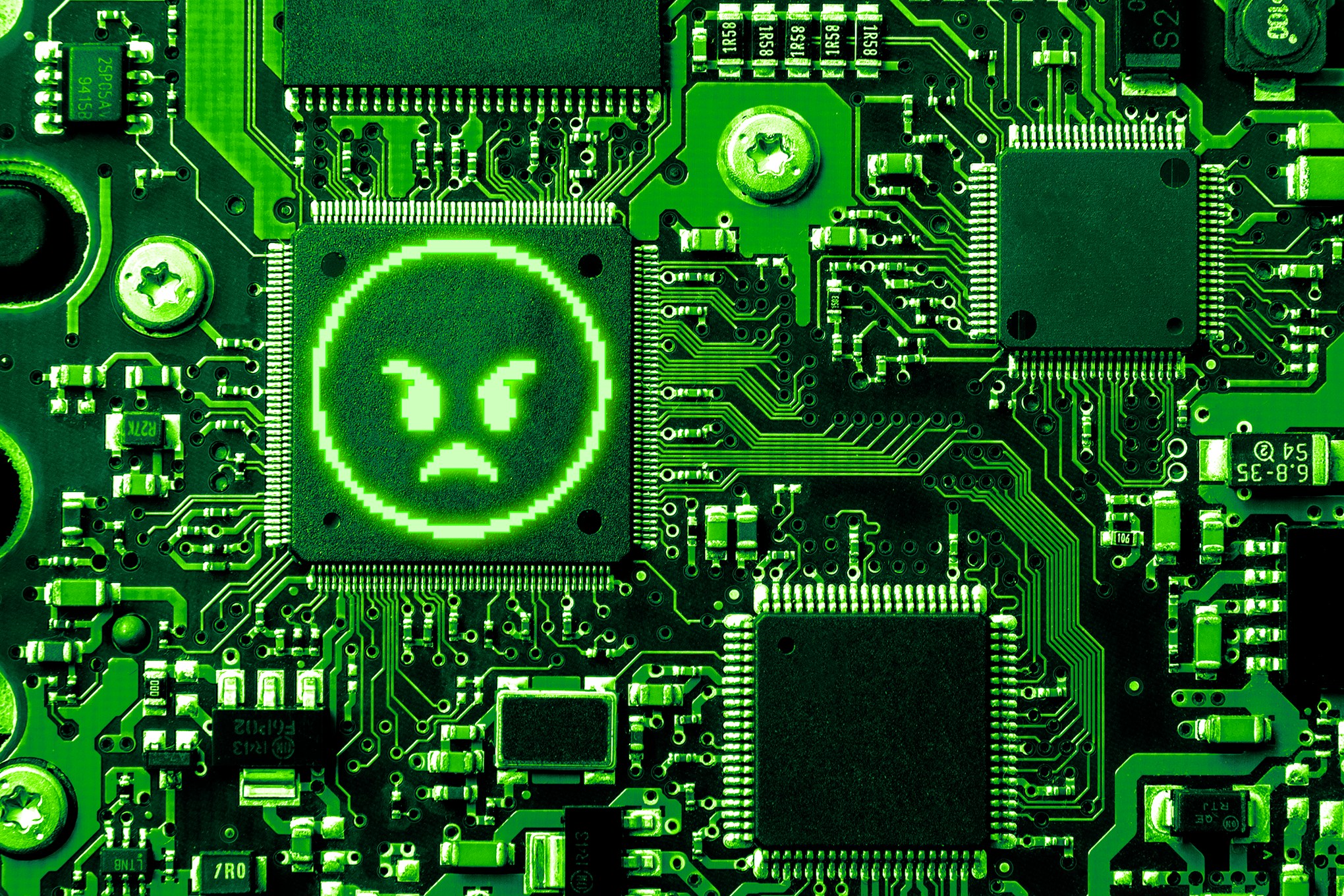 Angry face on a computer motherboard.