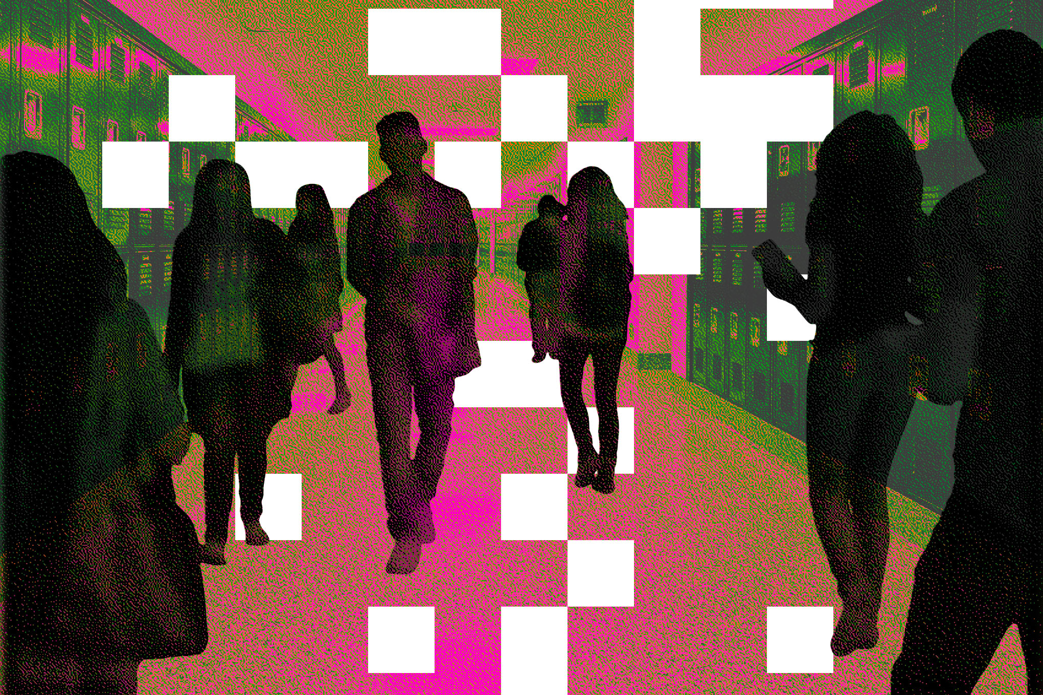 Graphic illustration of students walking down a hallway in school.
