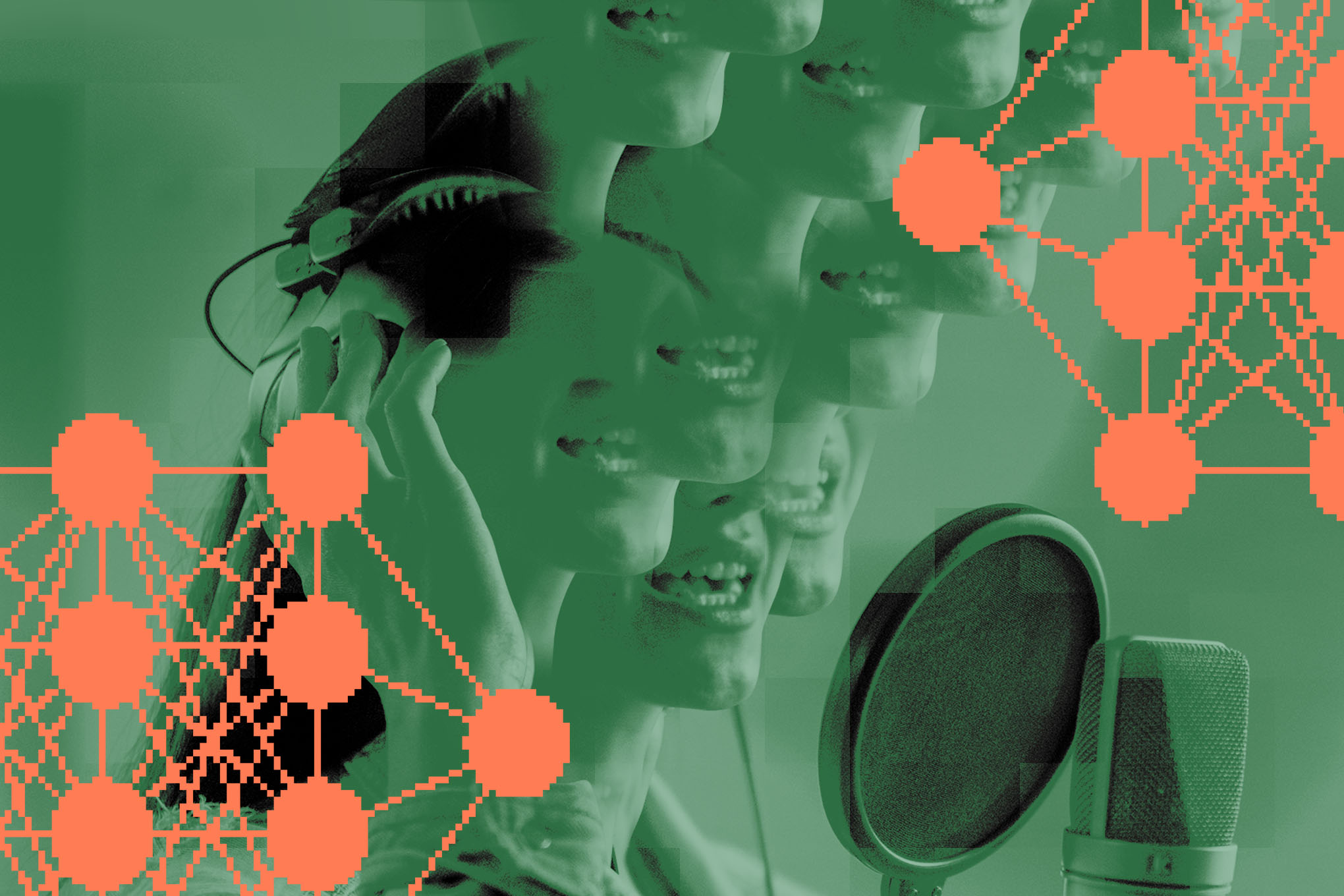 A repeating image of someone talking in front of a microphone