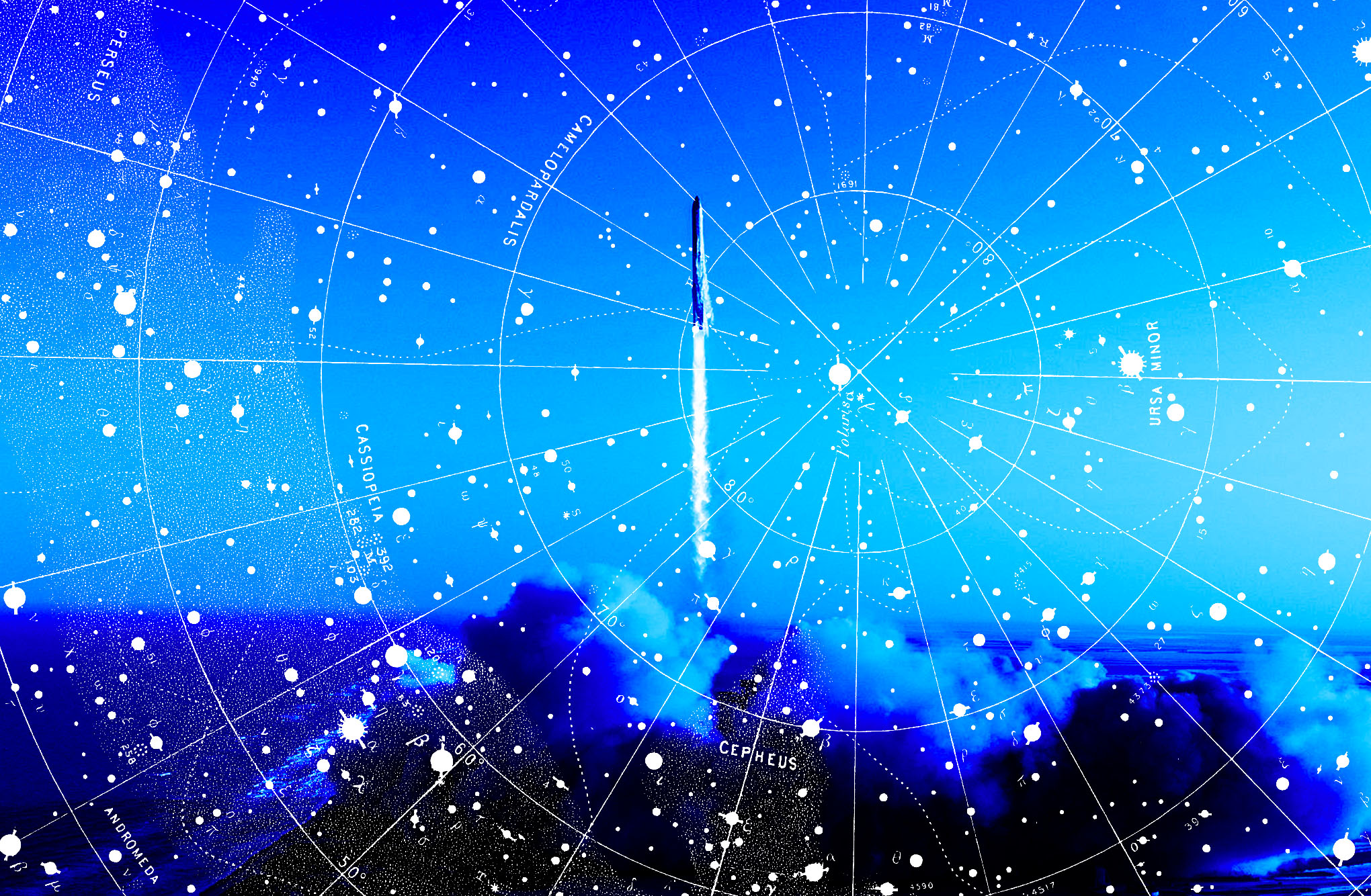 Rocket launching with graphic of constellations.