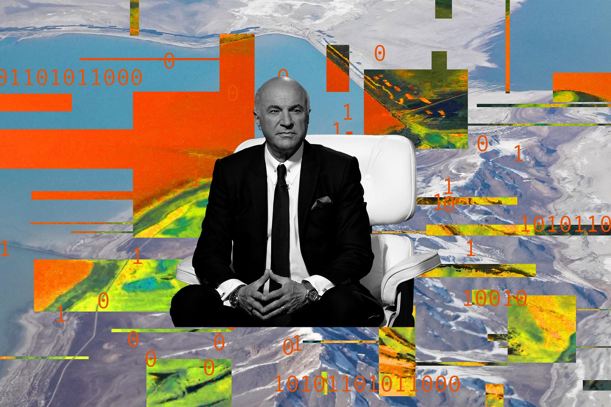 Kevin O’Leary on a graphic background of binary code and an image of the Great Salt Lake.