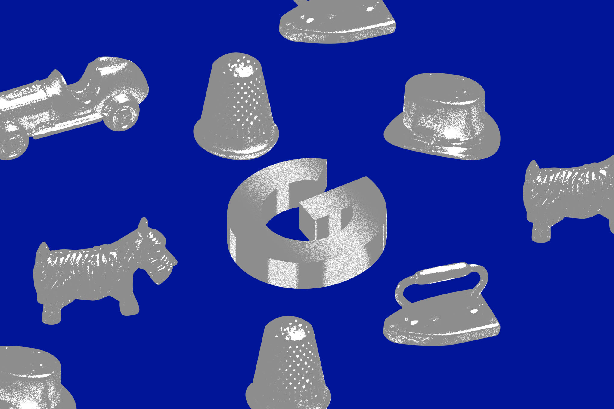 Photo illustration of Monopoly pieces next to the Google logo.