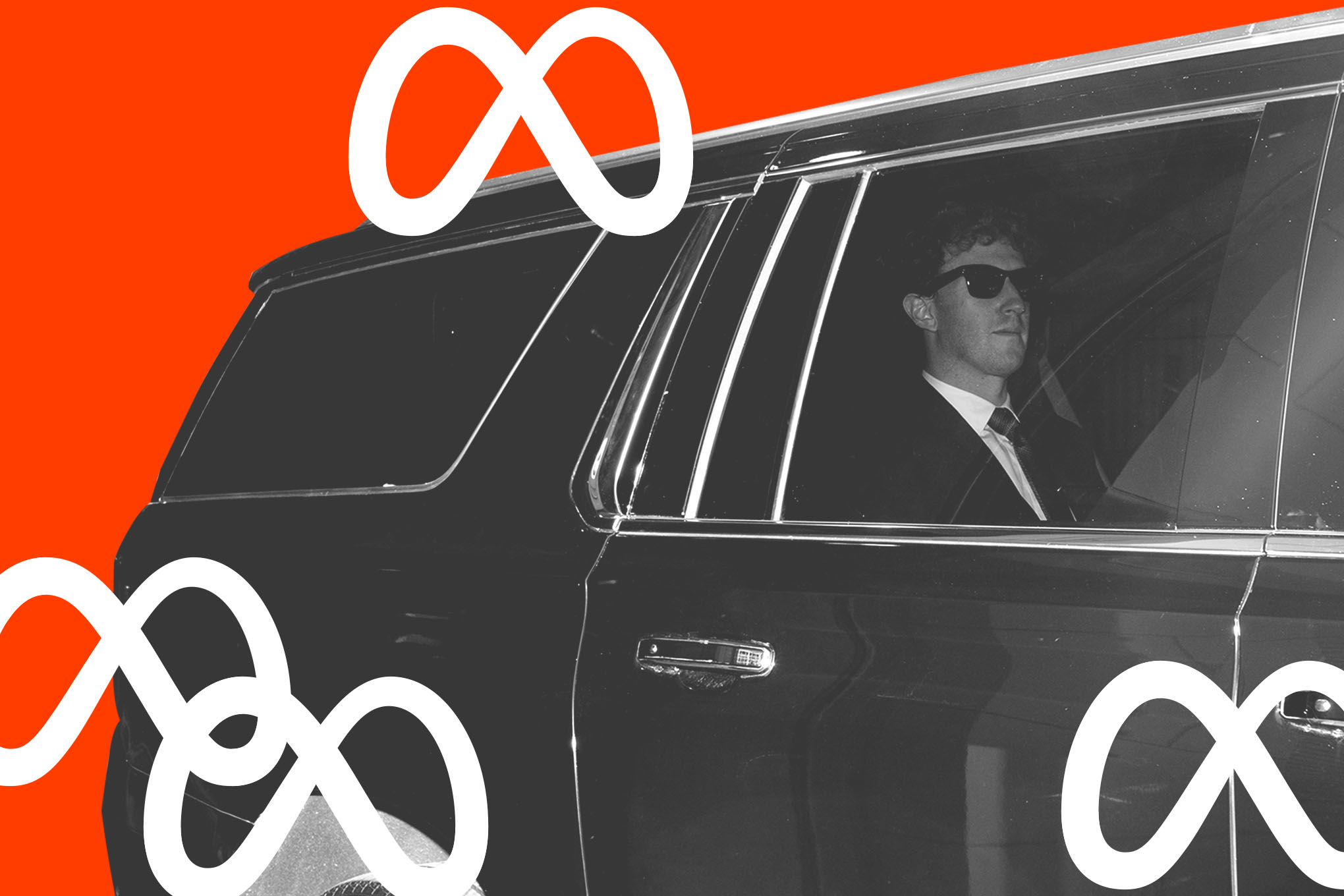 Mark Zuckerberg wearing sunglasses leaving a court house in a black SUV.
