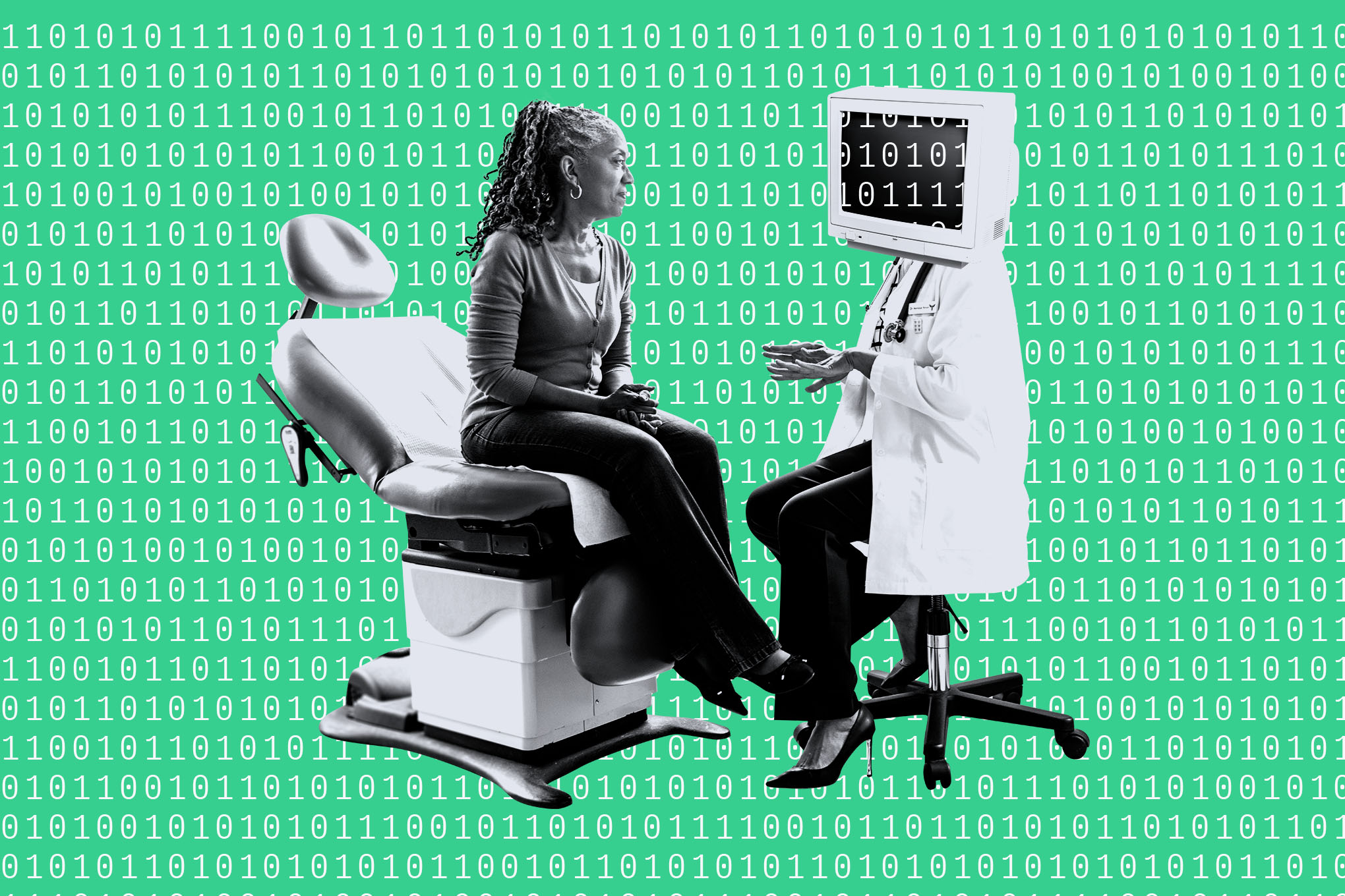 Patient talking to a doctor with a computer for a head.