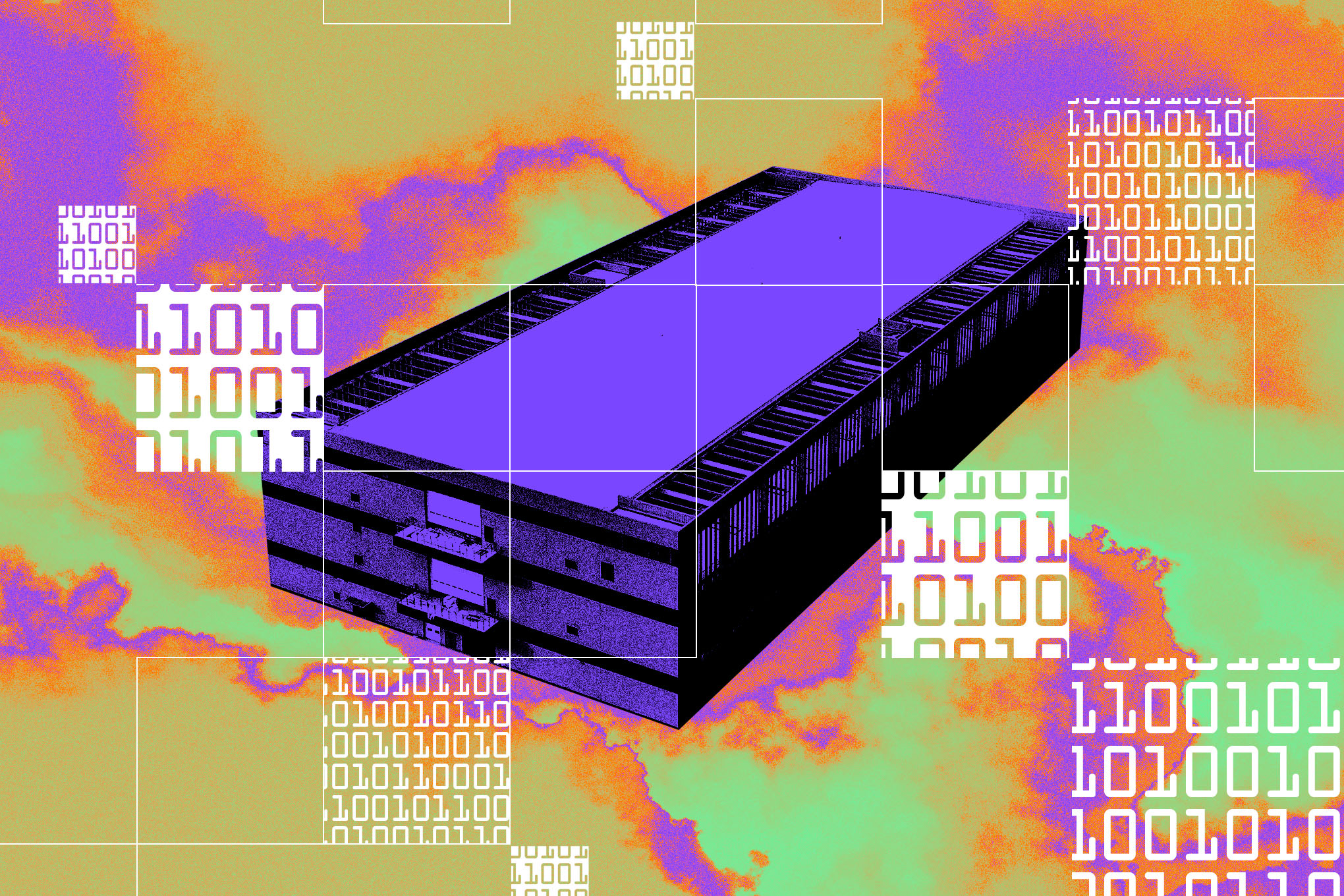 Photo collage of a data center with data visualizations.