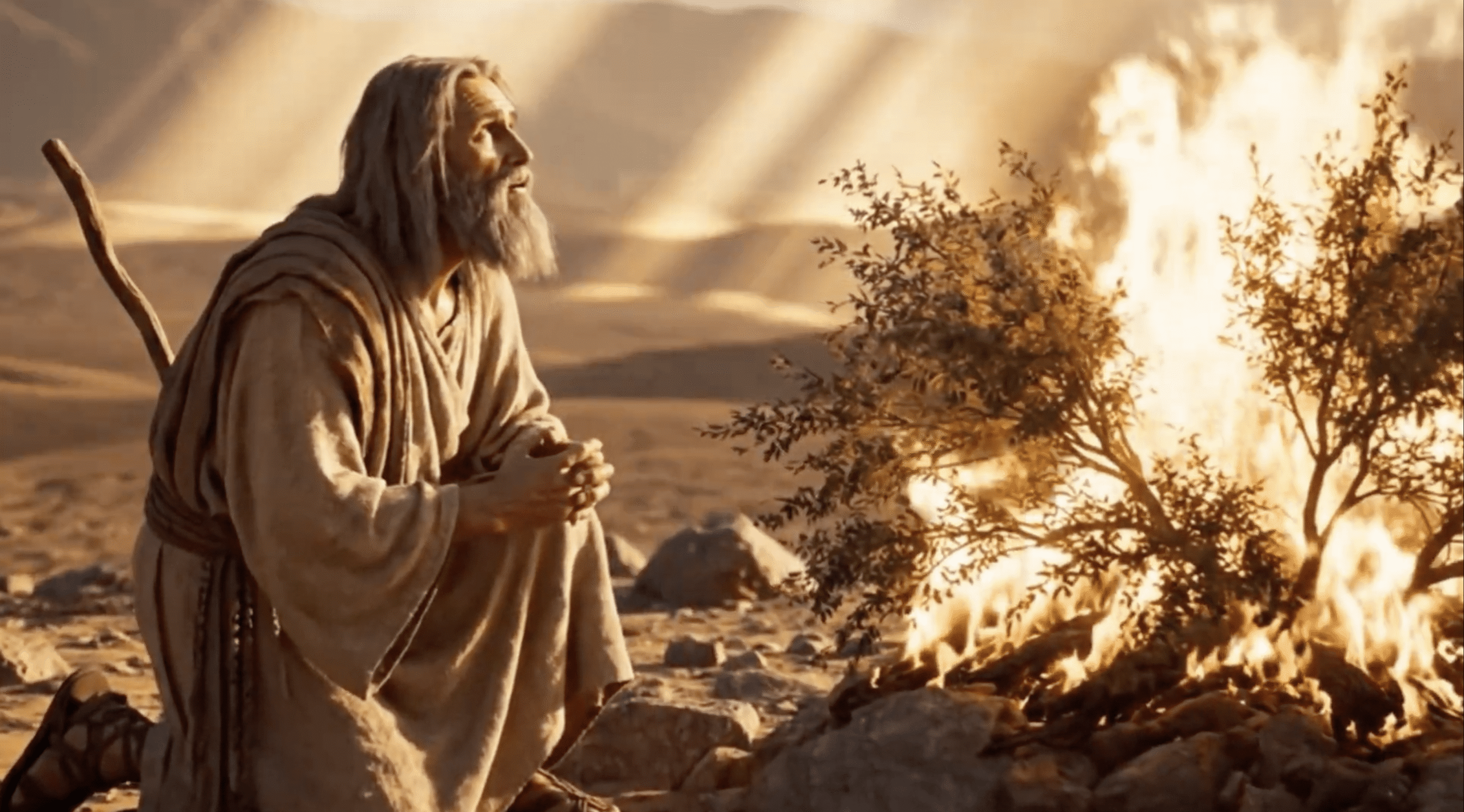 An AI generated image of Moses kneeling before a burning bush.
