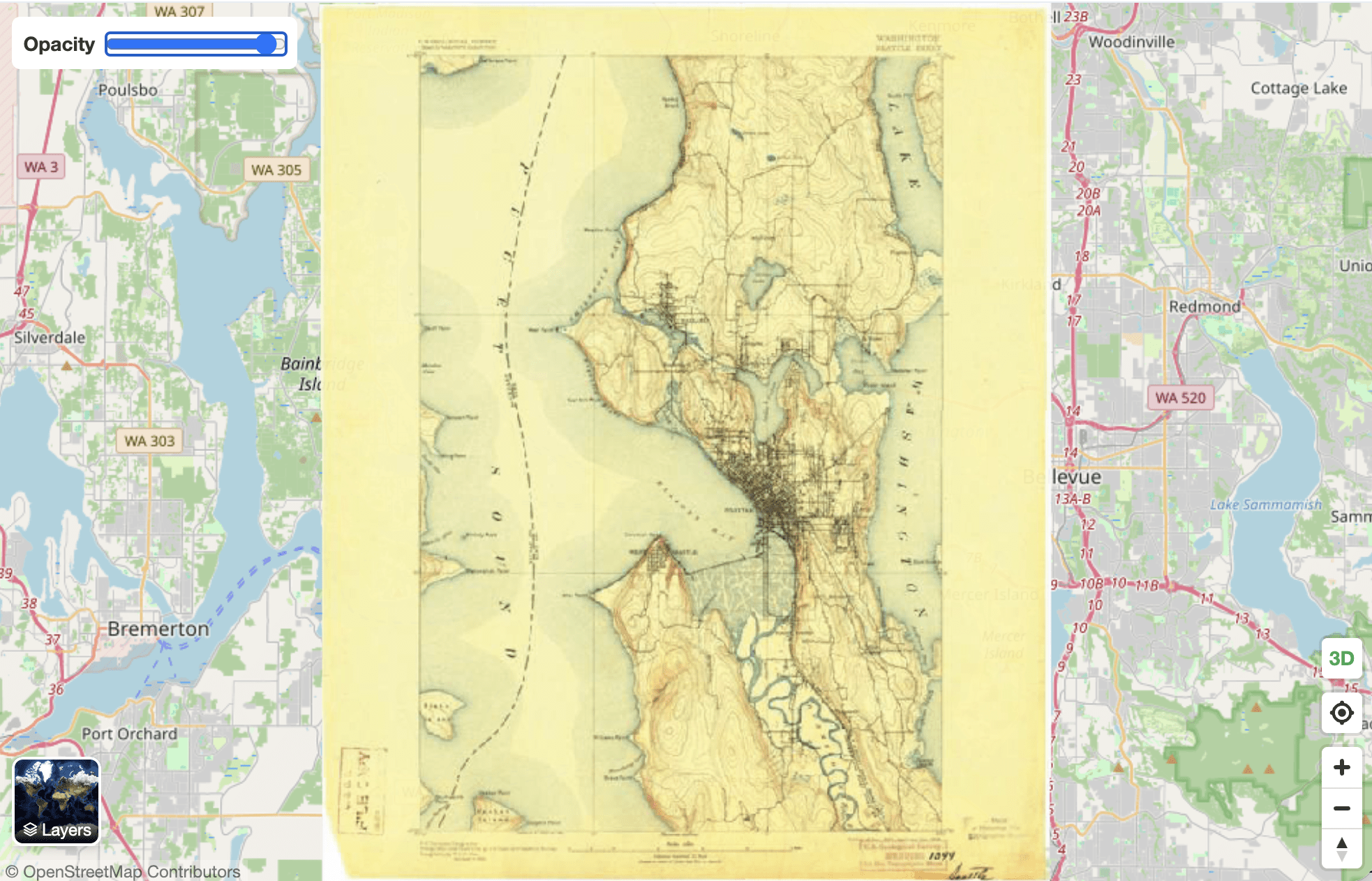 Screenshot showing a historical map of Seattle overlaid on a current map