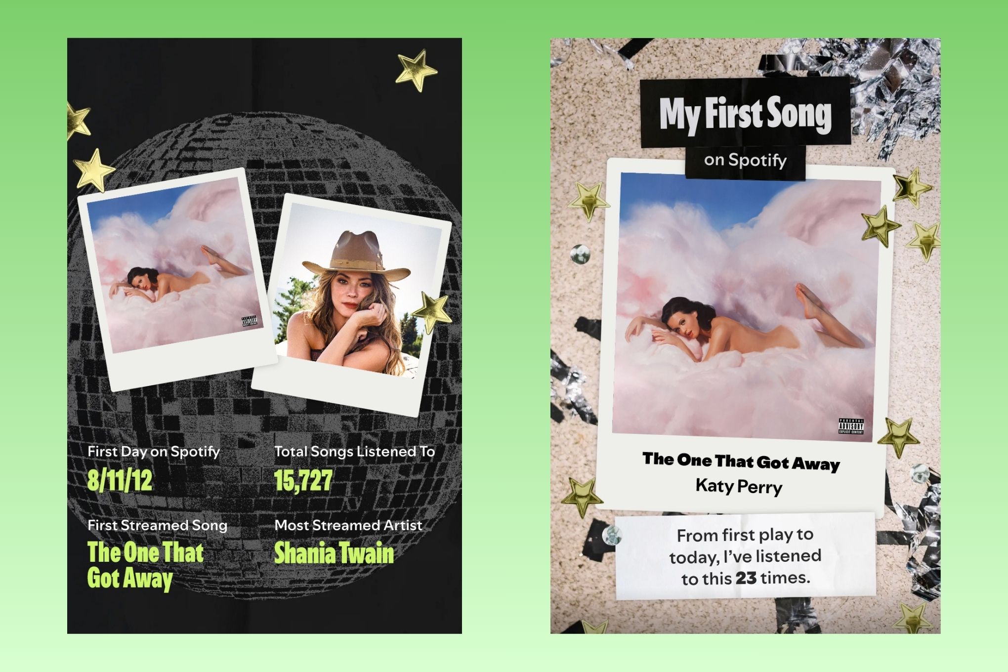 Two screenshots of the sharable cards that Spotify users can access as part of the platform’s 20th anniversary celebration.