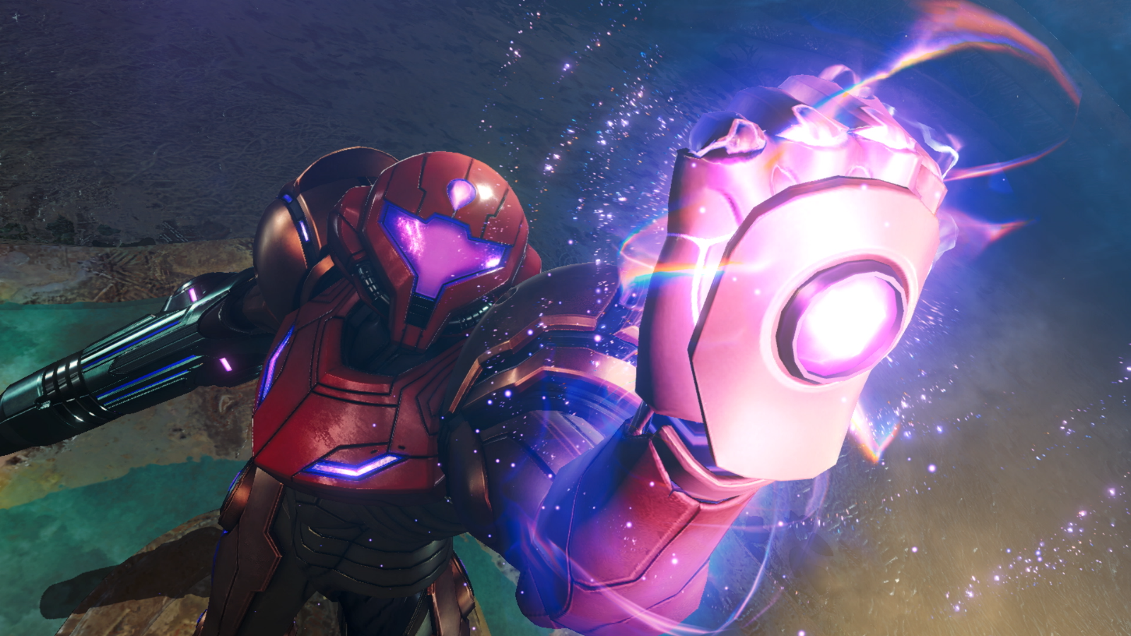 Screenshot from Metroid Prime 4 Beyond featuring Samus making a fist at the camera as it glows purple.