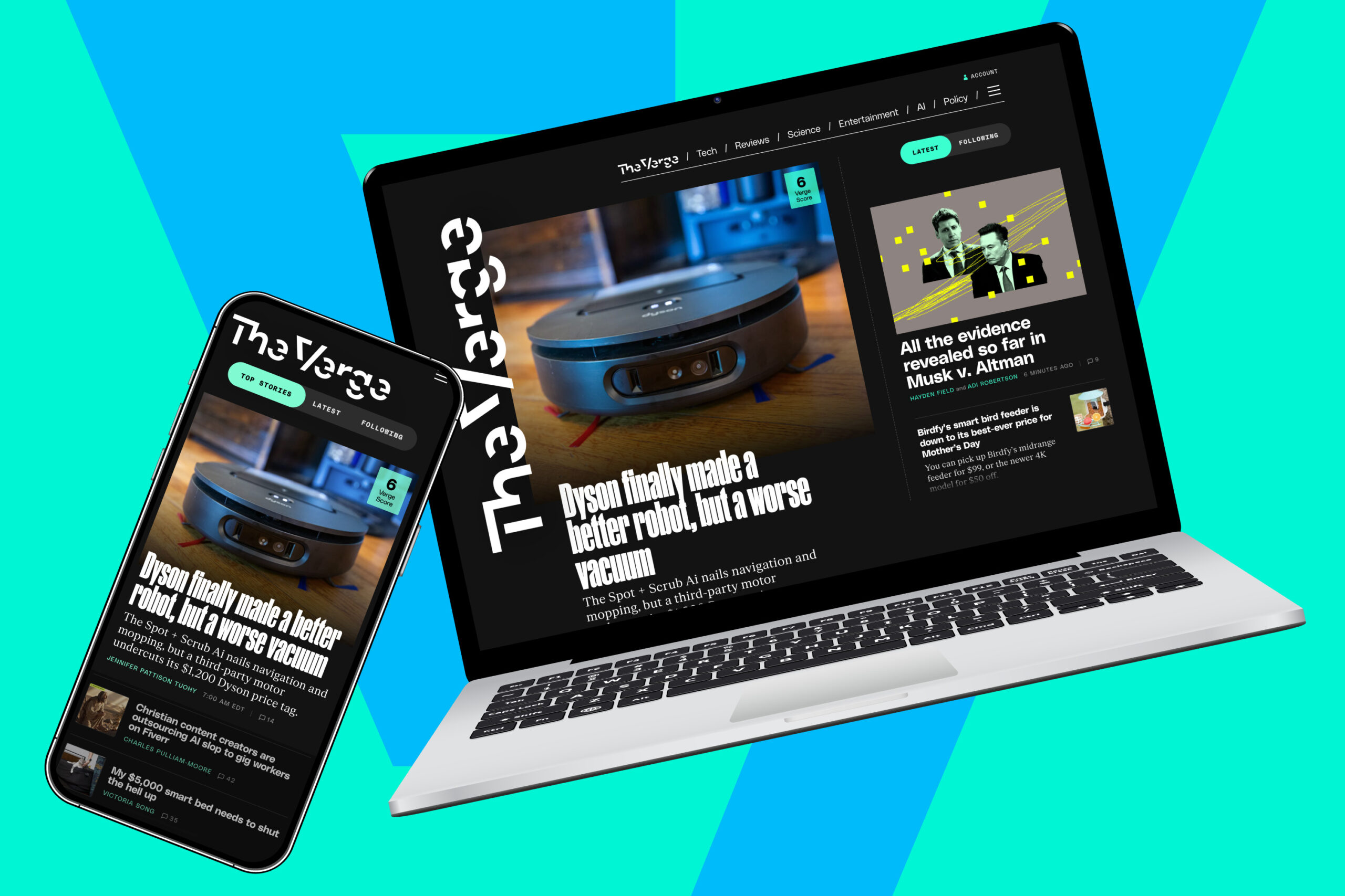 Screenshot of The Verge’s new homepage design on desktop and mobile
