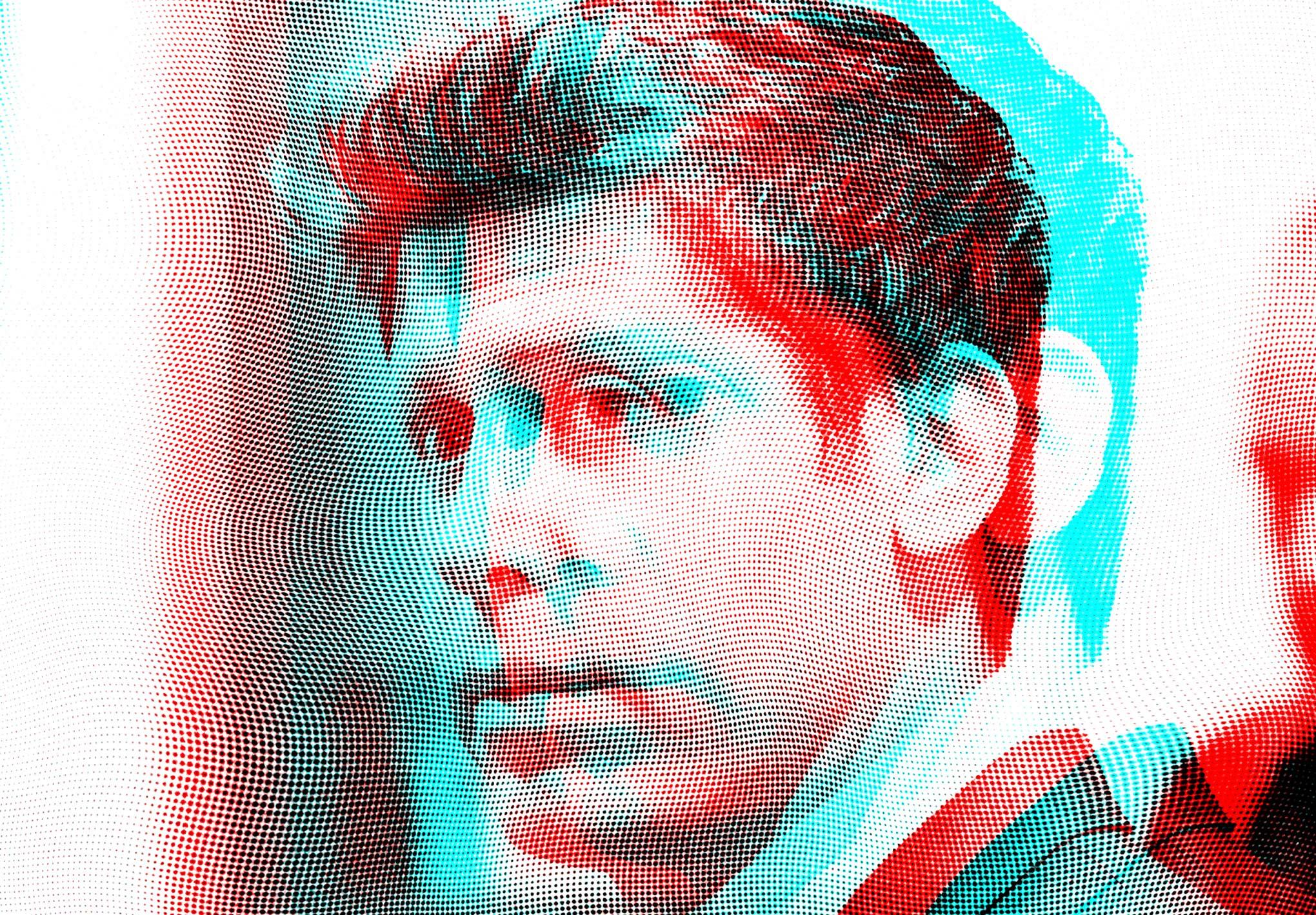 A blurry shot of Sam Altman, double-exposed in red and cyan.