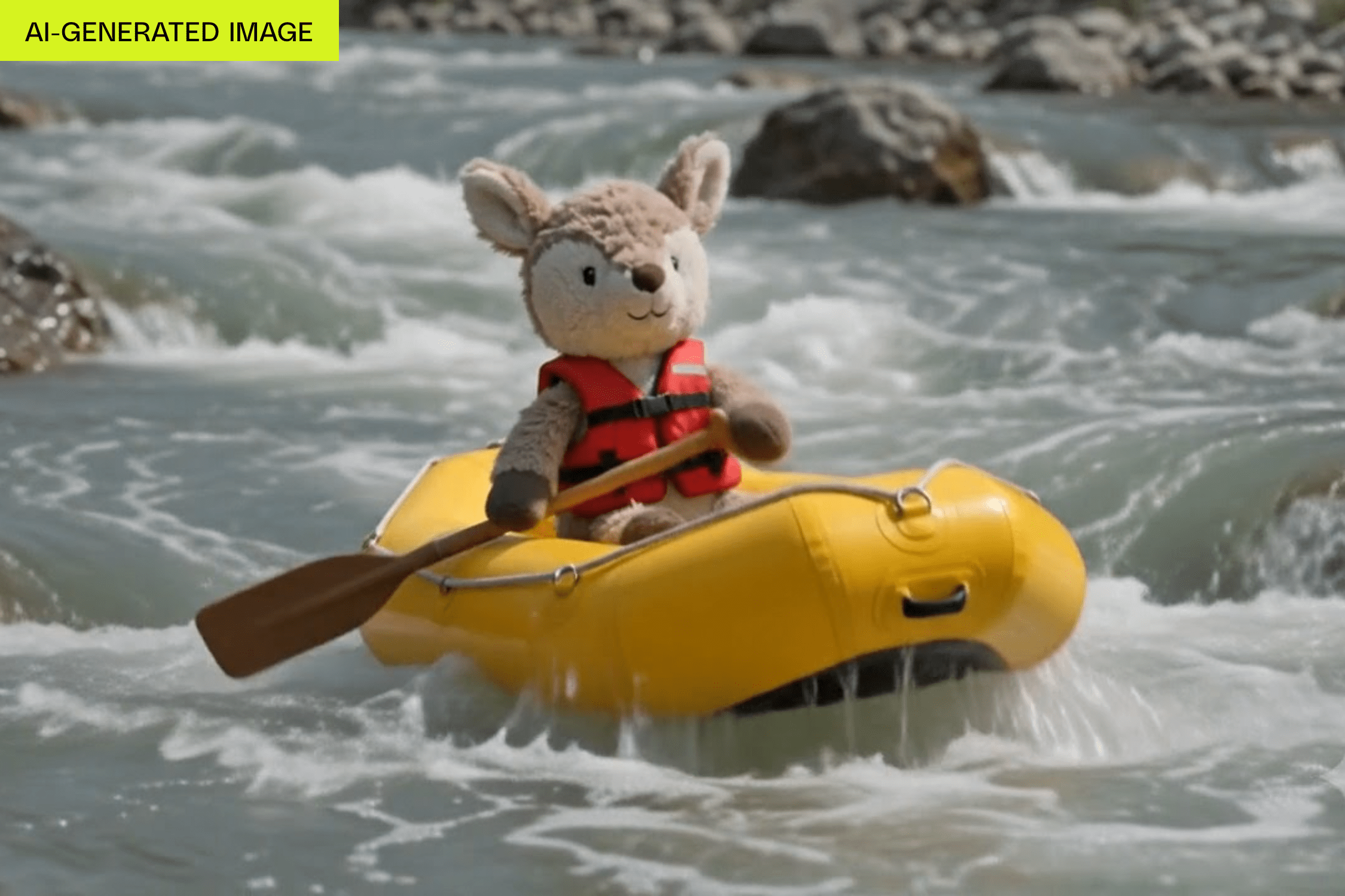 Still from an AI-generated video of a stuffed deer white water rafting