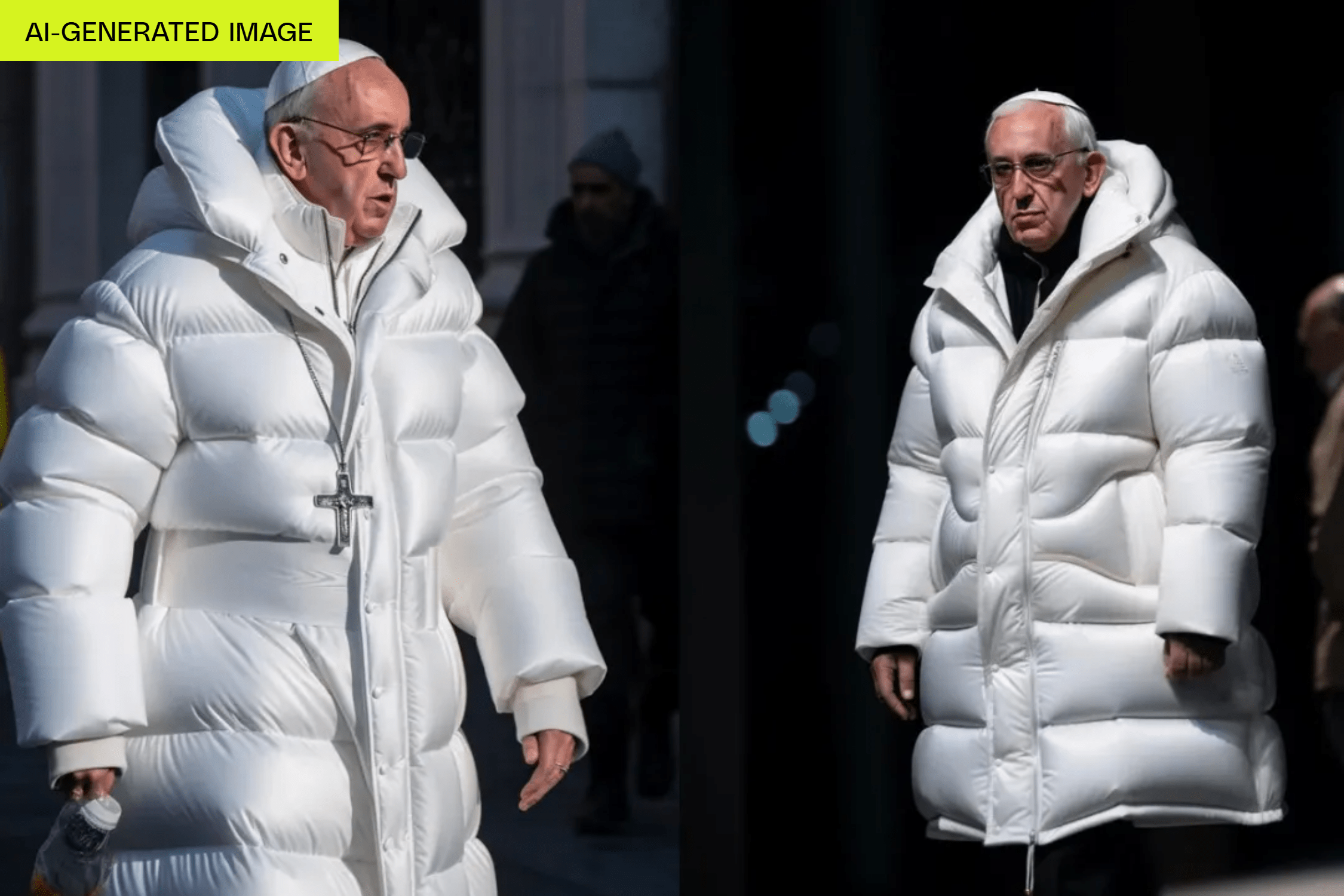 Two combined ai-generated images of Pope Francis
