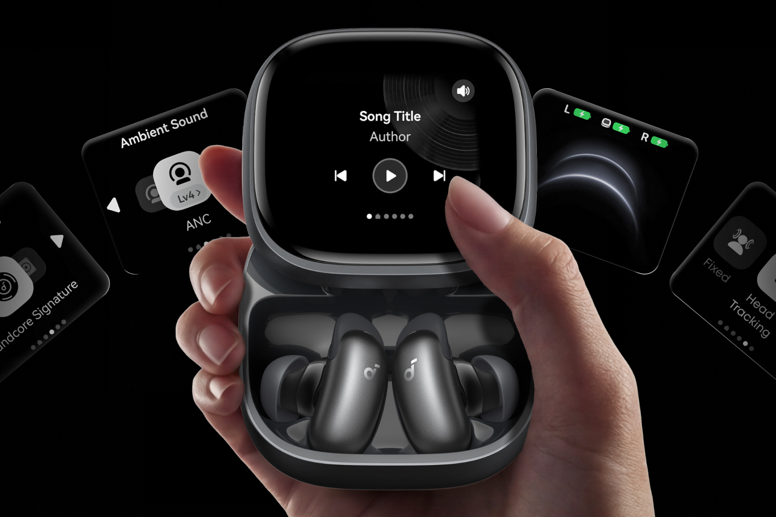 A person holds the Anker Soundcore Liberty 5 Pro Max earbuds in their charging case while touching its screen.