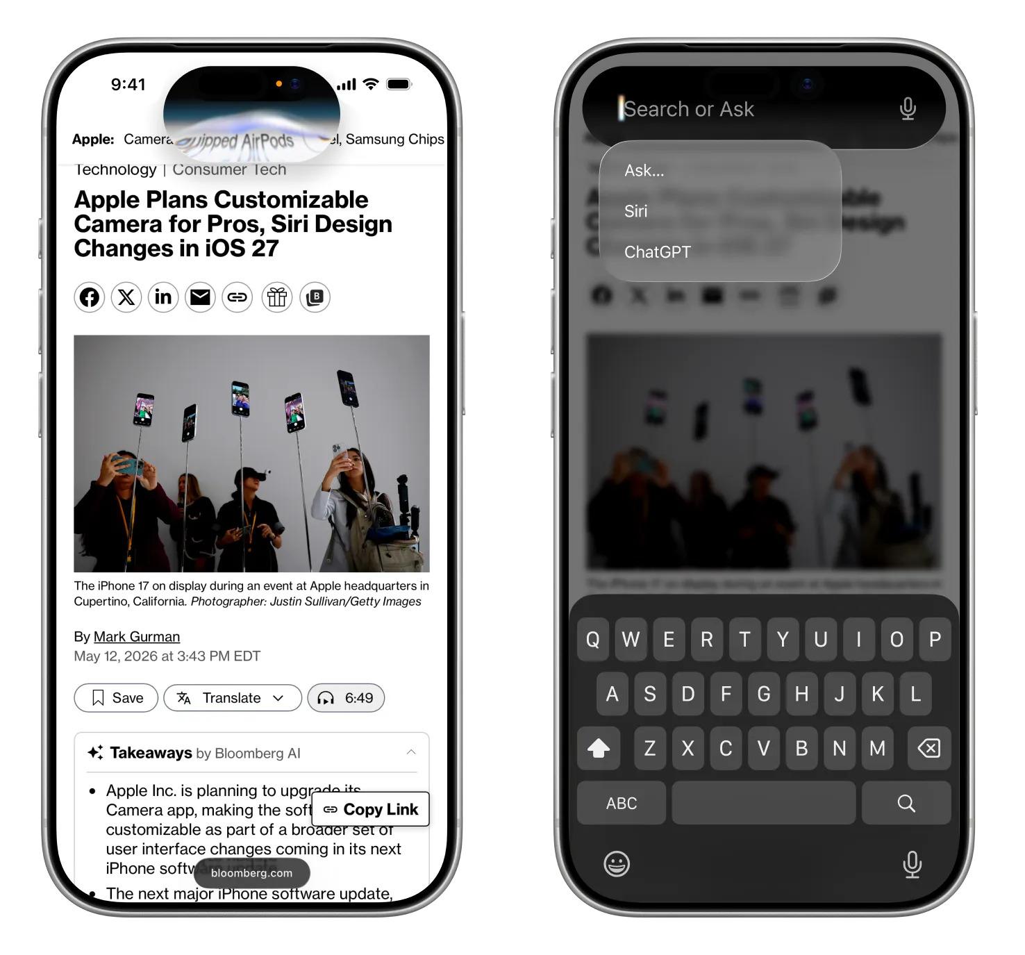 Renders from Bloomberg showing Siri in the Dynamic Island in iOS 27 Renders from Bloomberg showing Siri in the Dynamic Island in iOS 27