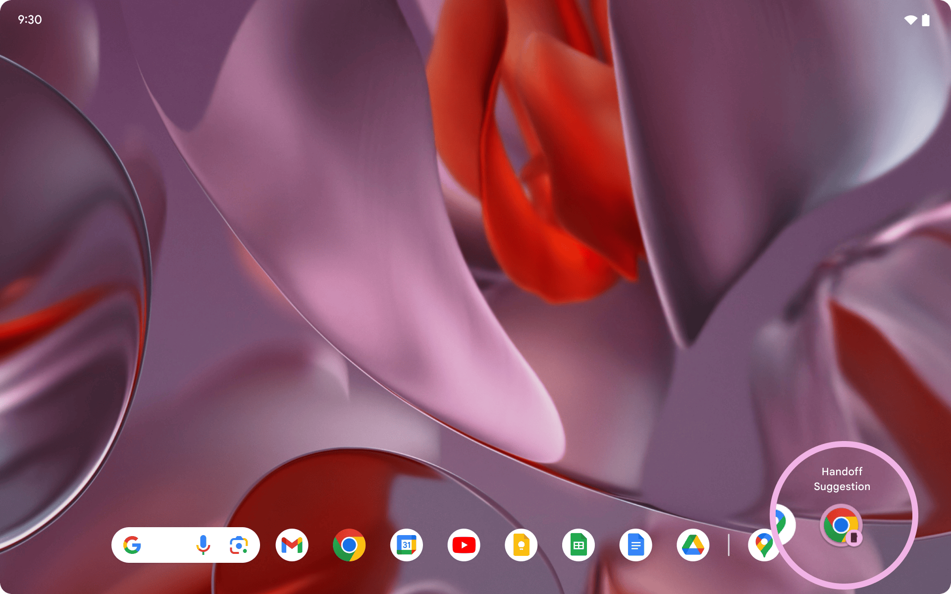 Android tablet desktop showing a ‘Continue On’ handoff prompt in the dock