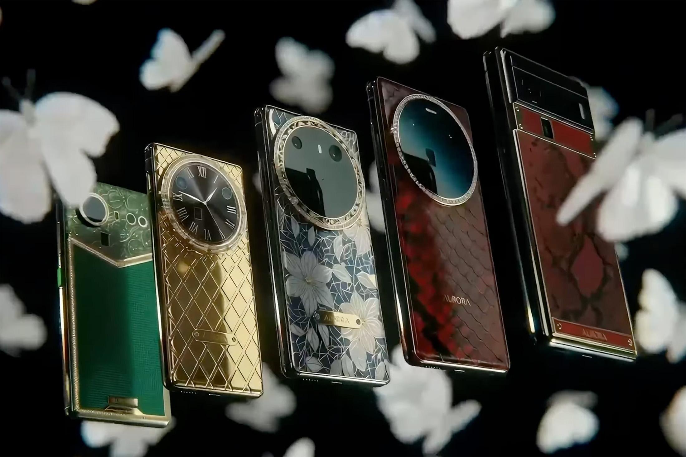Five versions of the Dreame Aurora Lux phone surrounded by butterflies