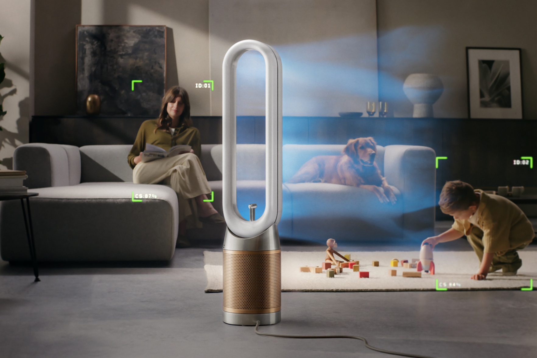 A family sits in a living room while being targeted by Dyson’s camera-equipped air purifier.