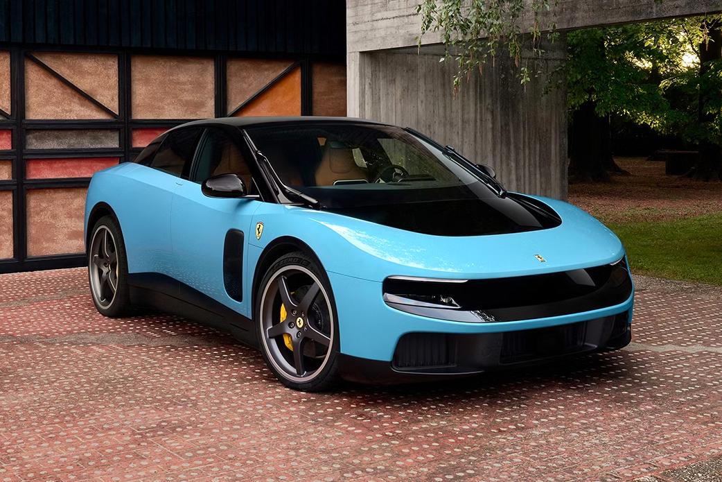An image of a blue Ferrari with a minimalist design and black accents.