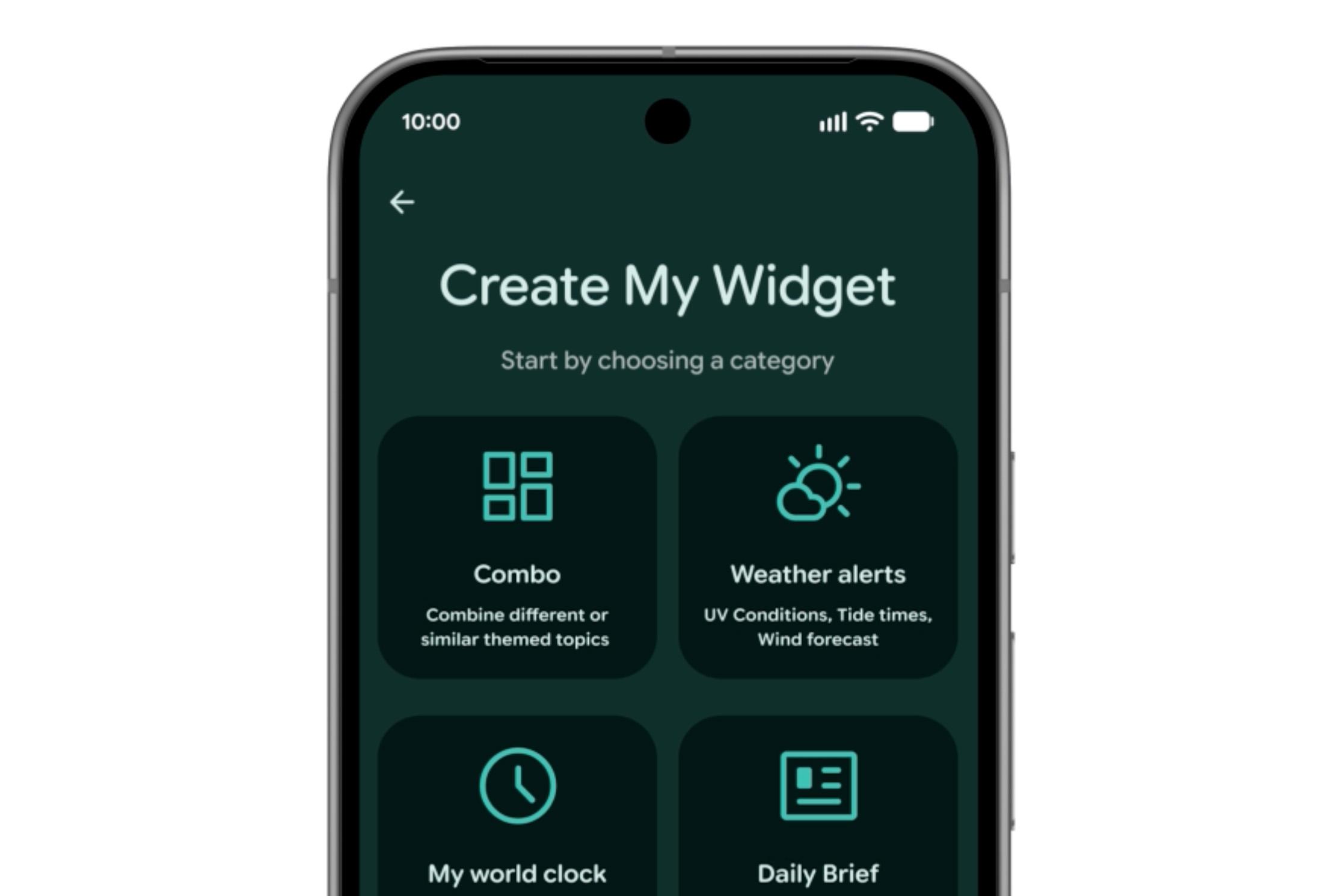 Image of the top half of a phone screen showing Android 17’s “Create My Widget” options