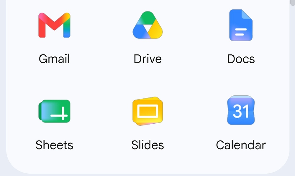 A screenshot of six redesigned Google Workspace app icons