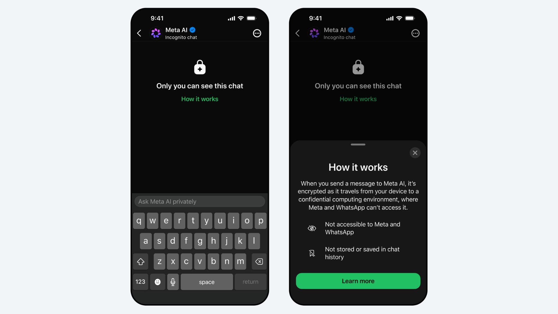 Screenshots of Incognito Chat in Meta AI