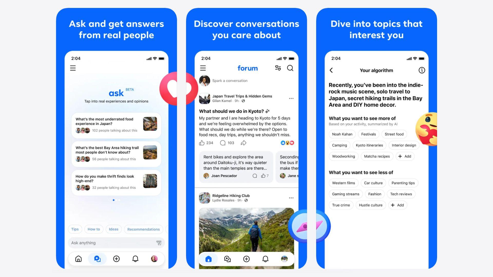 Three screenshots of Meta’s Forum app