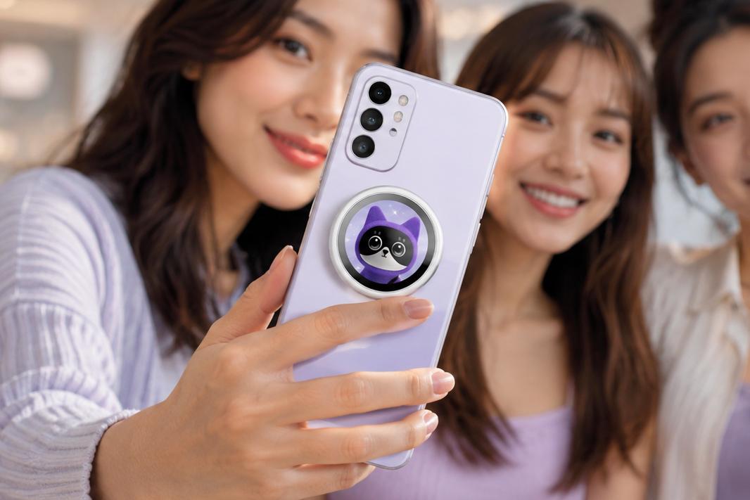 A person uses their smartphone to snap a selfie with the Oppo Bubble attached to the back.