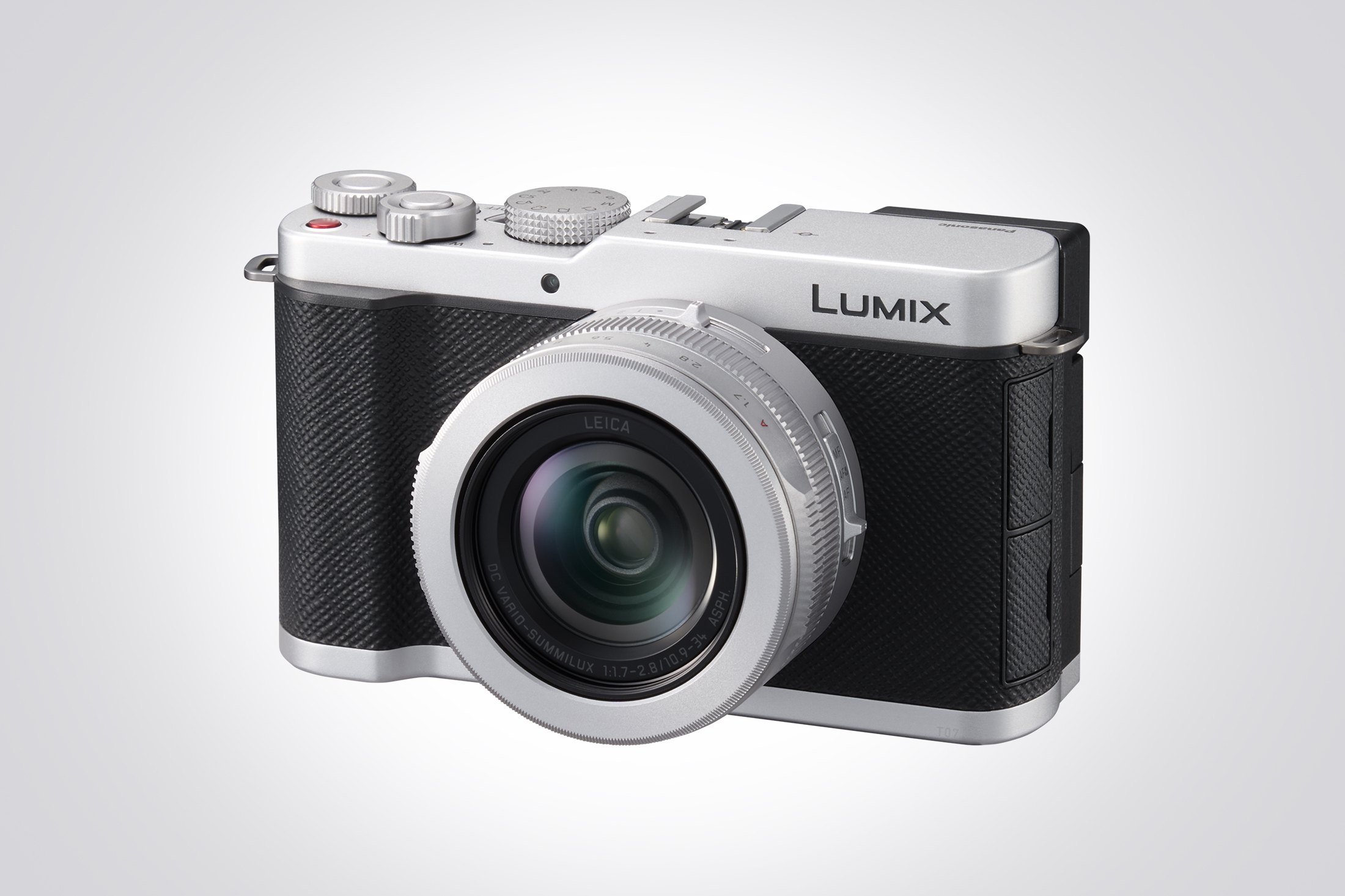 The Panasonic Lumix L10 camera pictured in its silver finish.