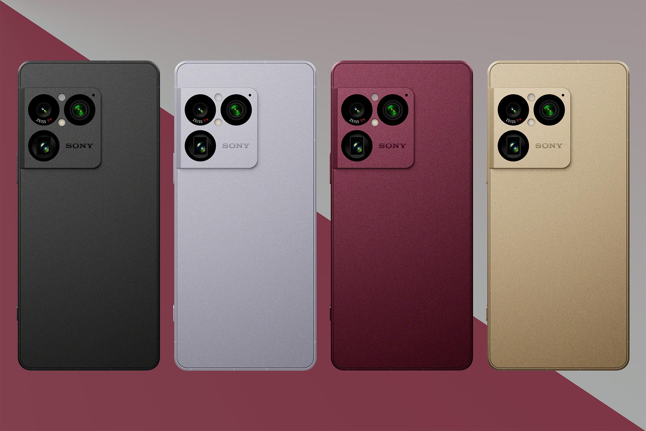 Sony Xperia 1 VIII in four different colors in front of a maroon and gray background
