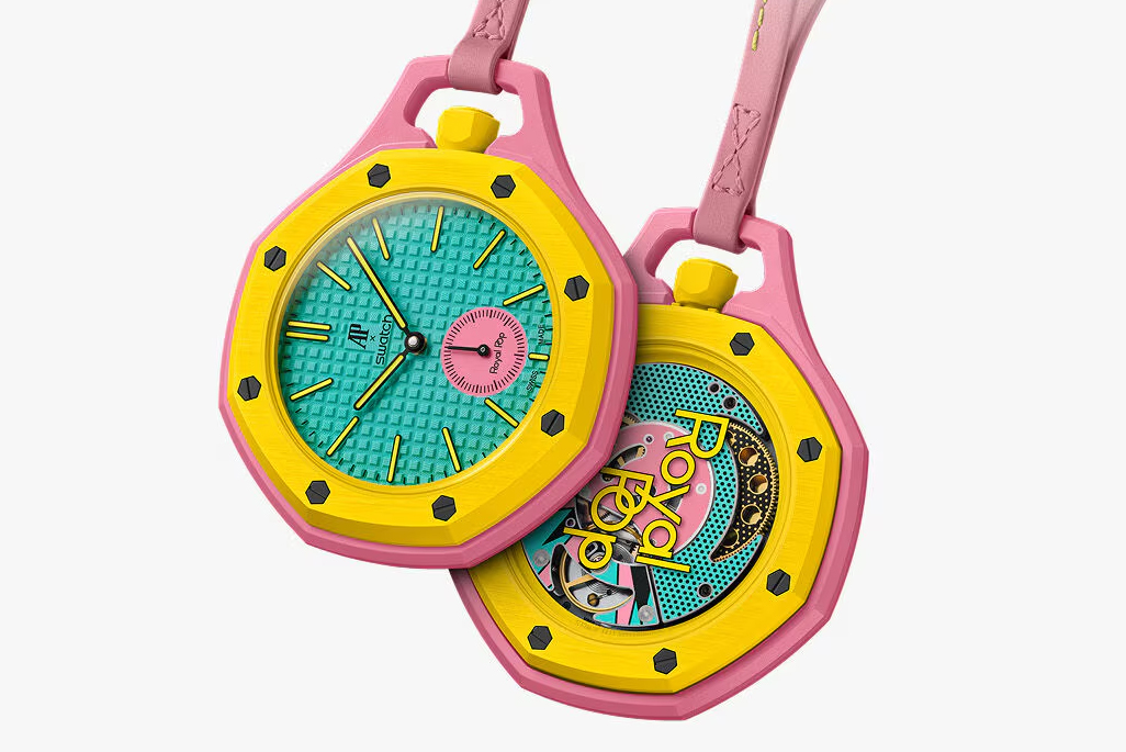 The front and back of one of the Audemars Piguet x Swatch Royal Pop pocket watches.