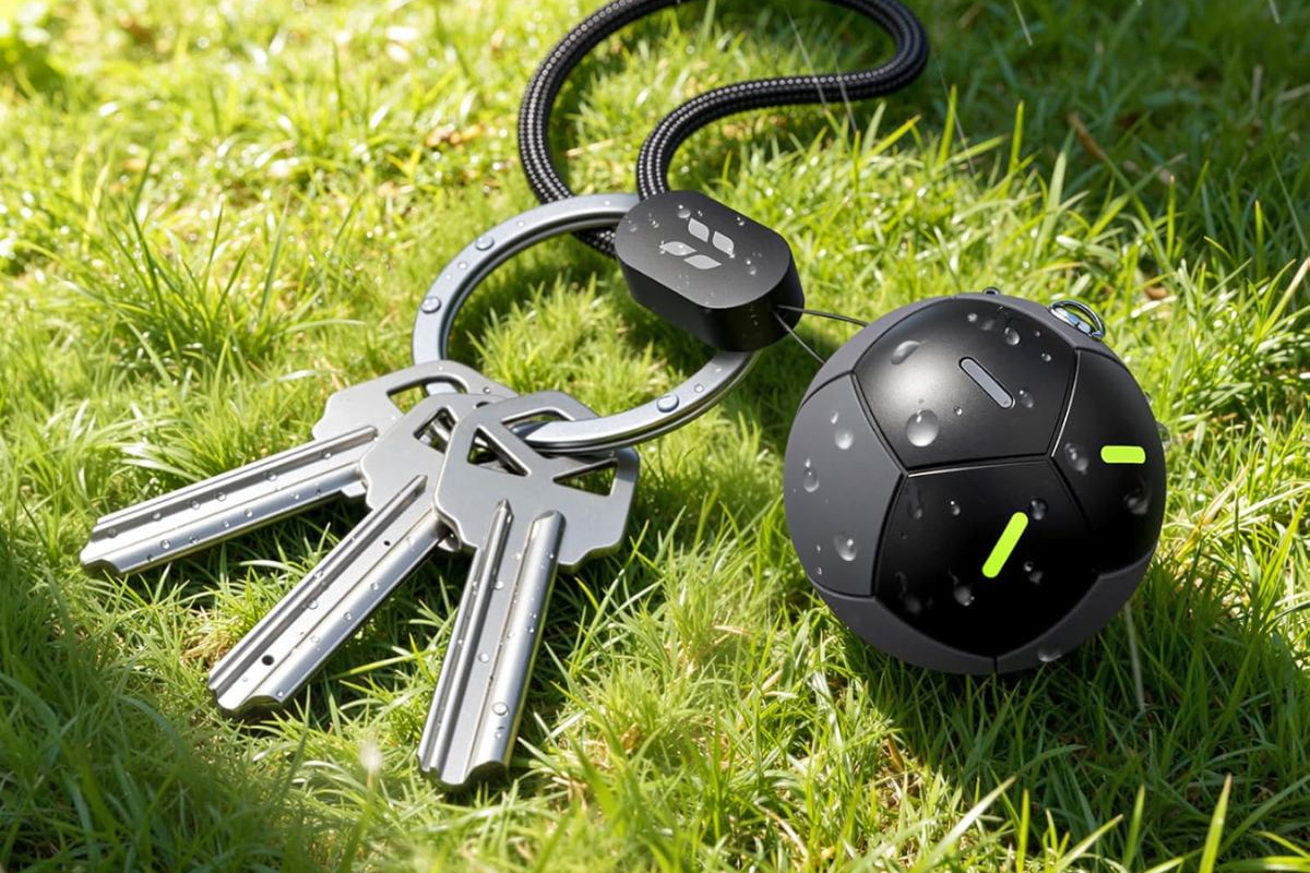 The Ugreen FineTrack 2 tracker attached to a trio of keys sitting on some grass.