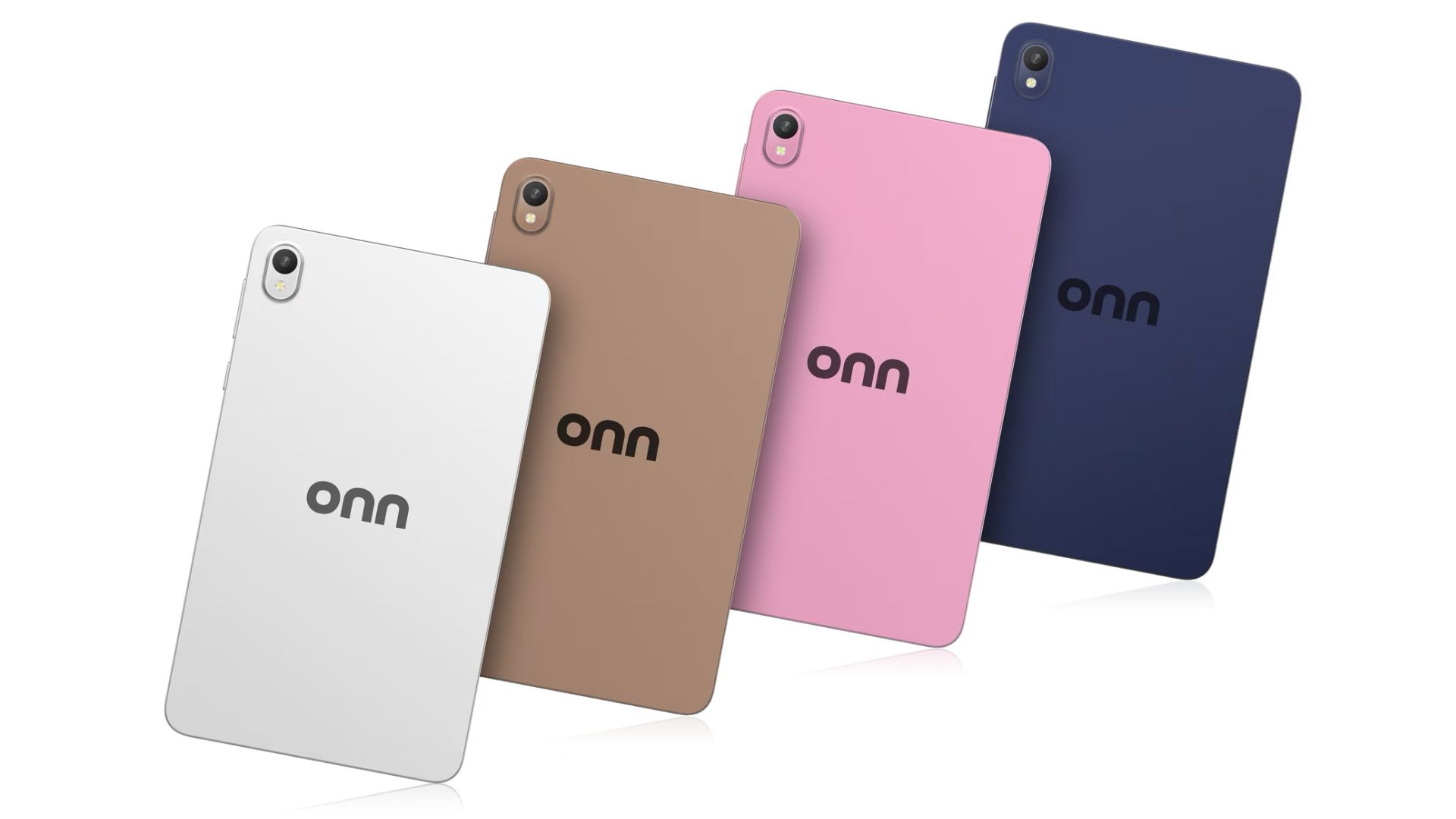 The Walmart Onn 7 tablet in four colors: silver, brown, pink, and blue