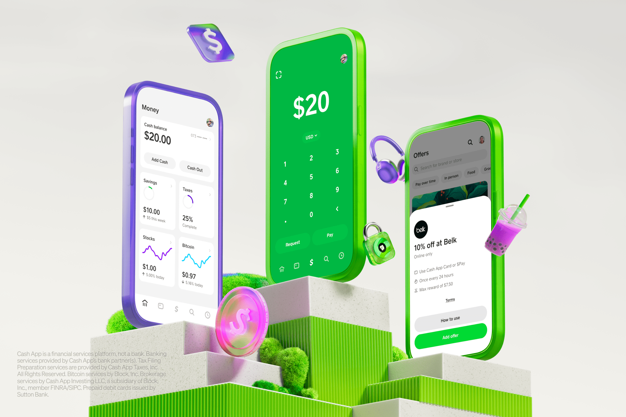 An illustration of three phones showing Cash App pages