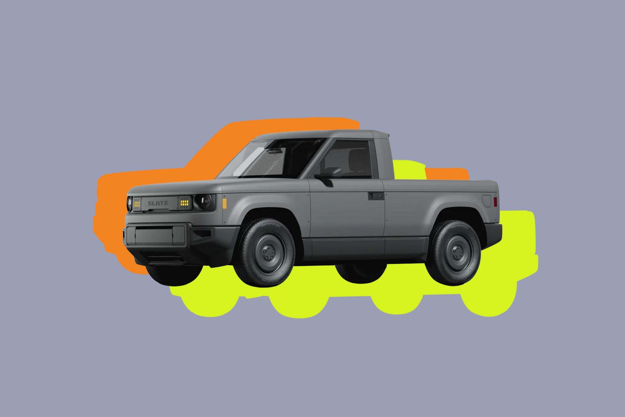 The Slate Auto EV pickup, with orange and green background contrast.
