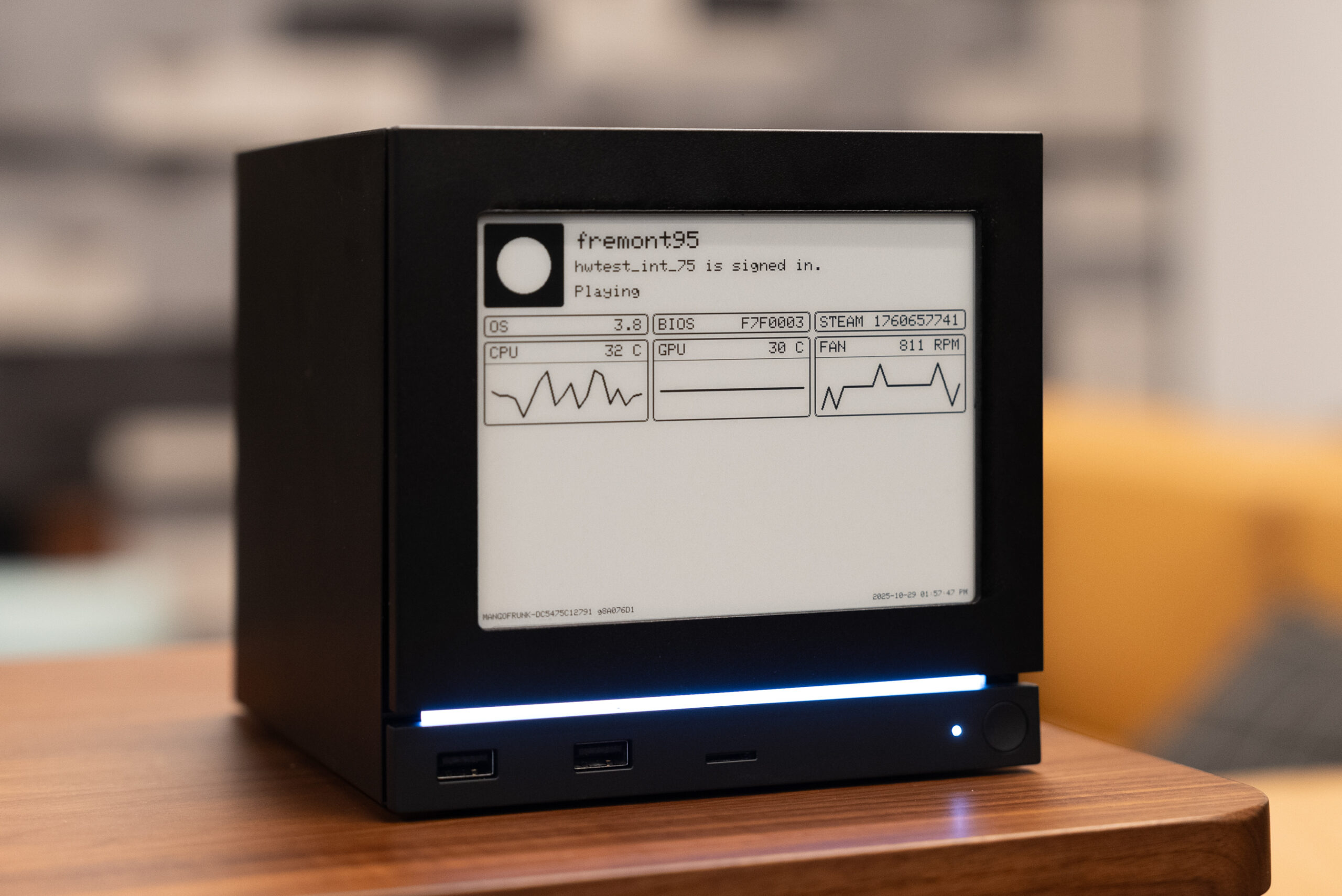 The e-paper display that Valve internally built for this Steam Machine displays system stats like CPU and GPU temperature and fan speed.