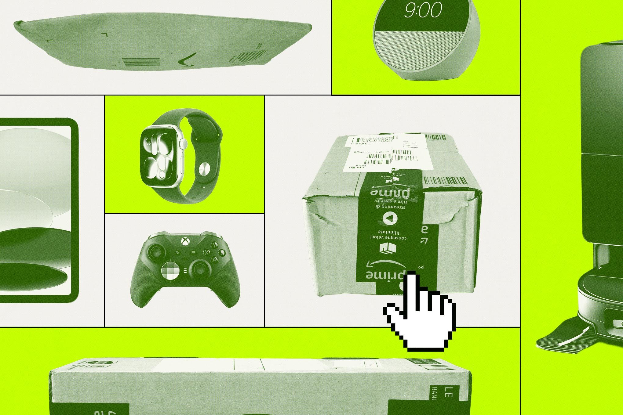 A mouse cursor clicking on various goods in a tiled layout of options. Most are tech items. One is a mangled Amazon package.