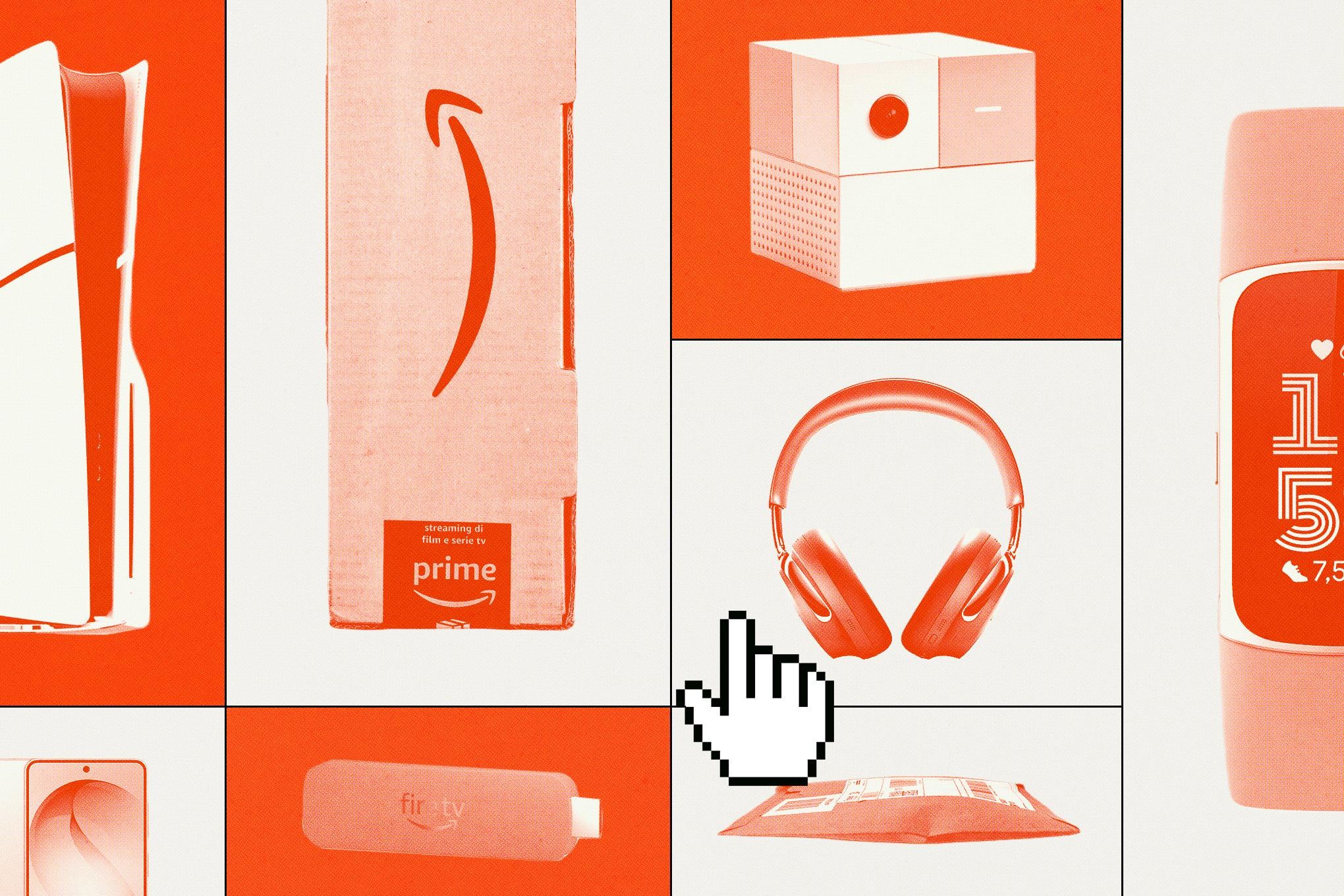 An illustration of a mouse cursor hand clicking on various tech products arranged in a tiled layout.